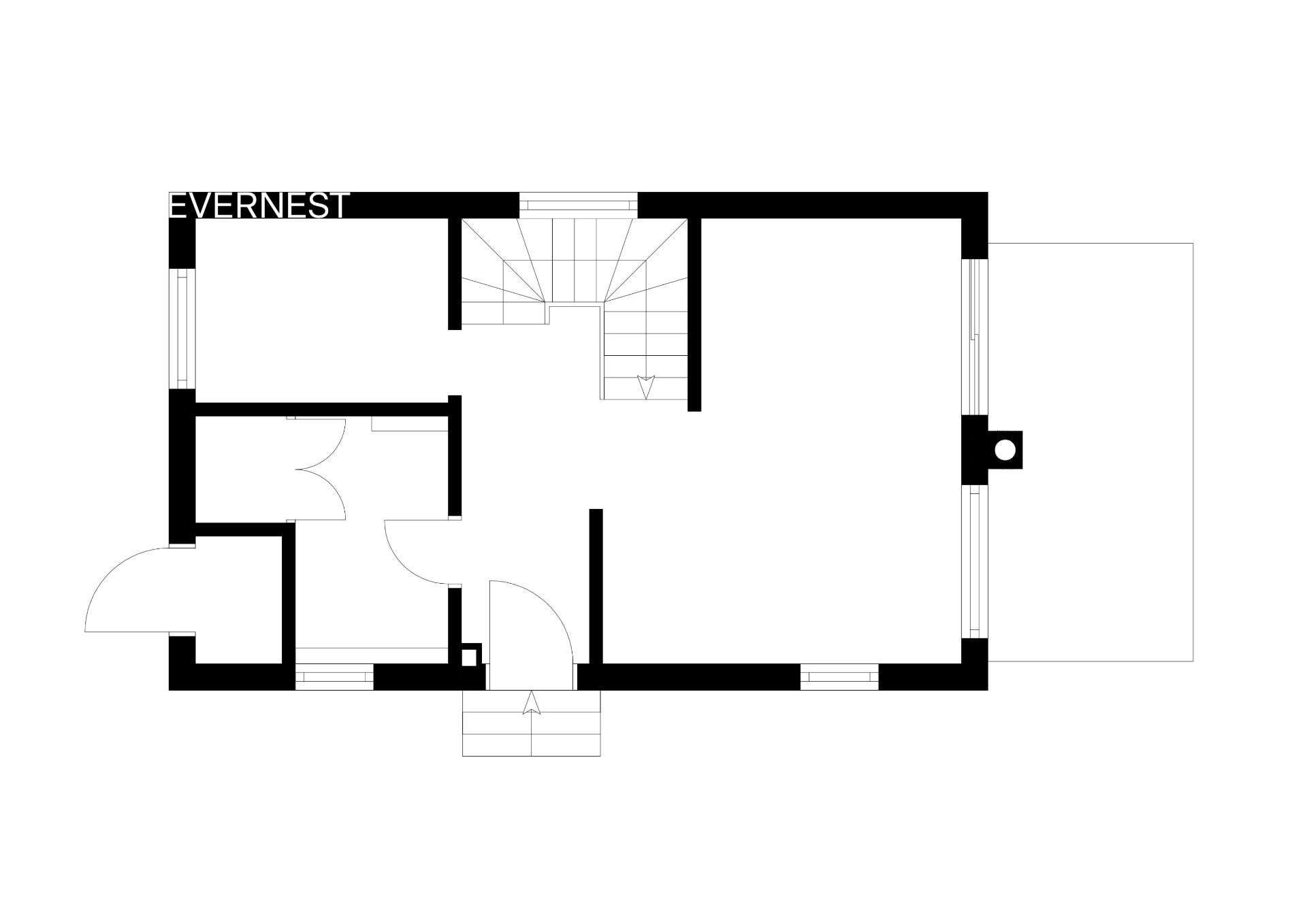 Schwarz-weißer Grundriss eines Hauses mit mehreren Räumen und einem Treppenhaus.