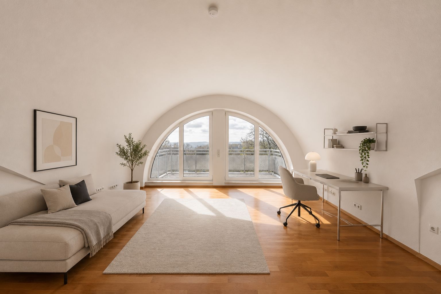 Helles Wohnzimmer mit großem Bogenfenster, Sofa, Schreibtisch und Parkettboden.