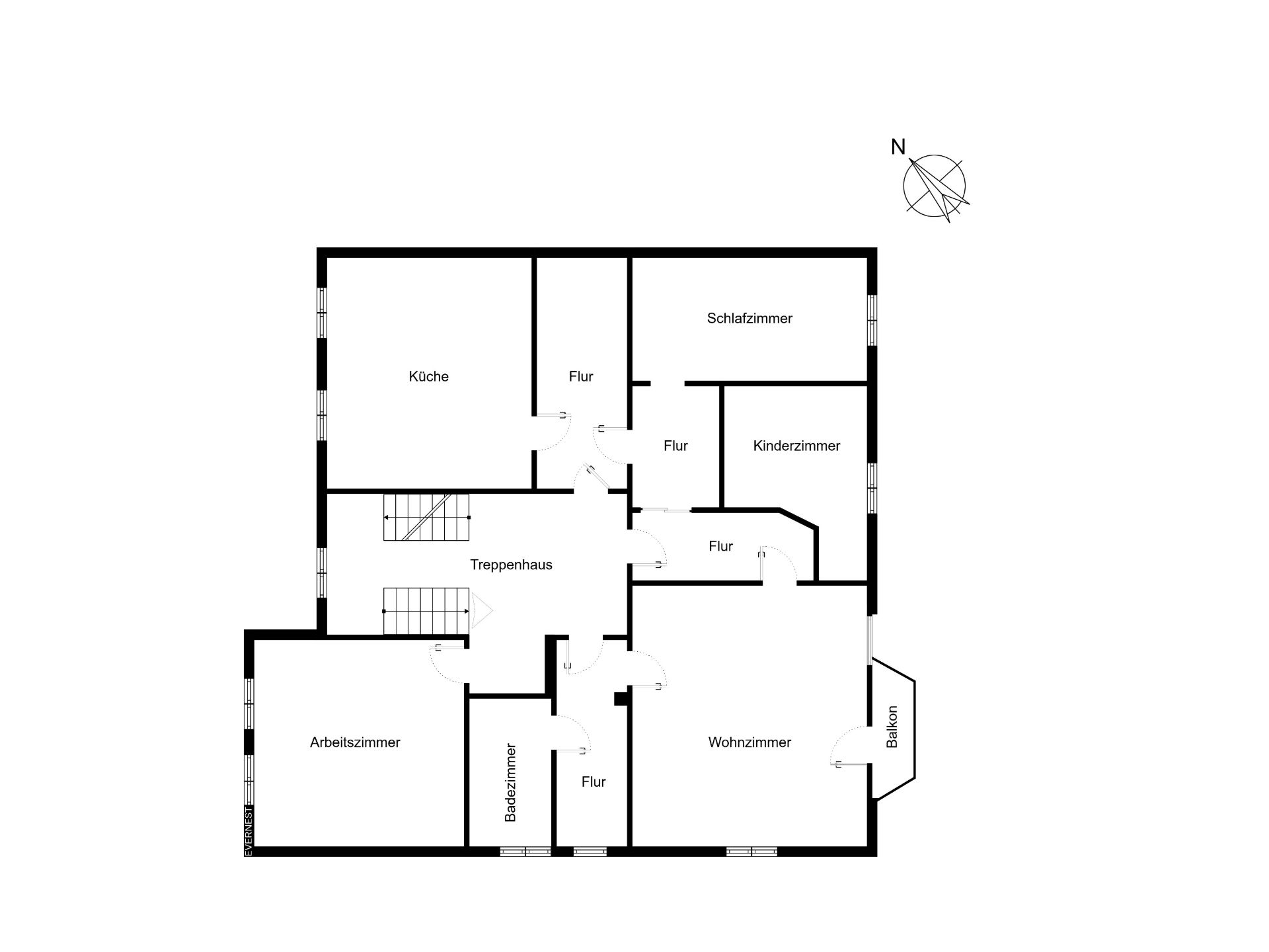 Grundriss einer Wohnung mit Küche, Arbeitszimmer, Schlafzimmer, Kinderzimmer, Wohnzimmer und Balkon.