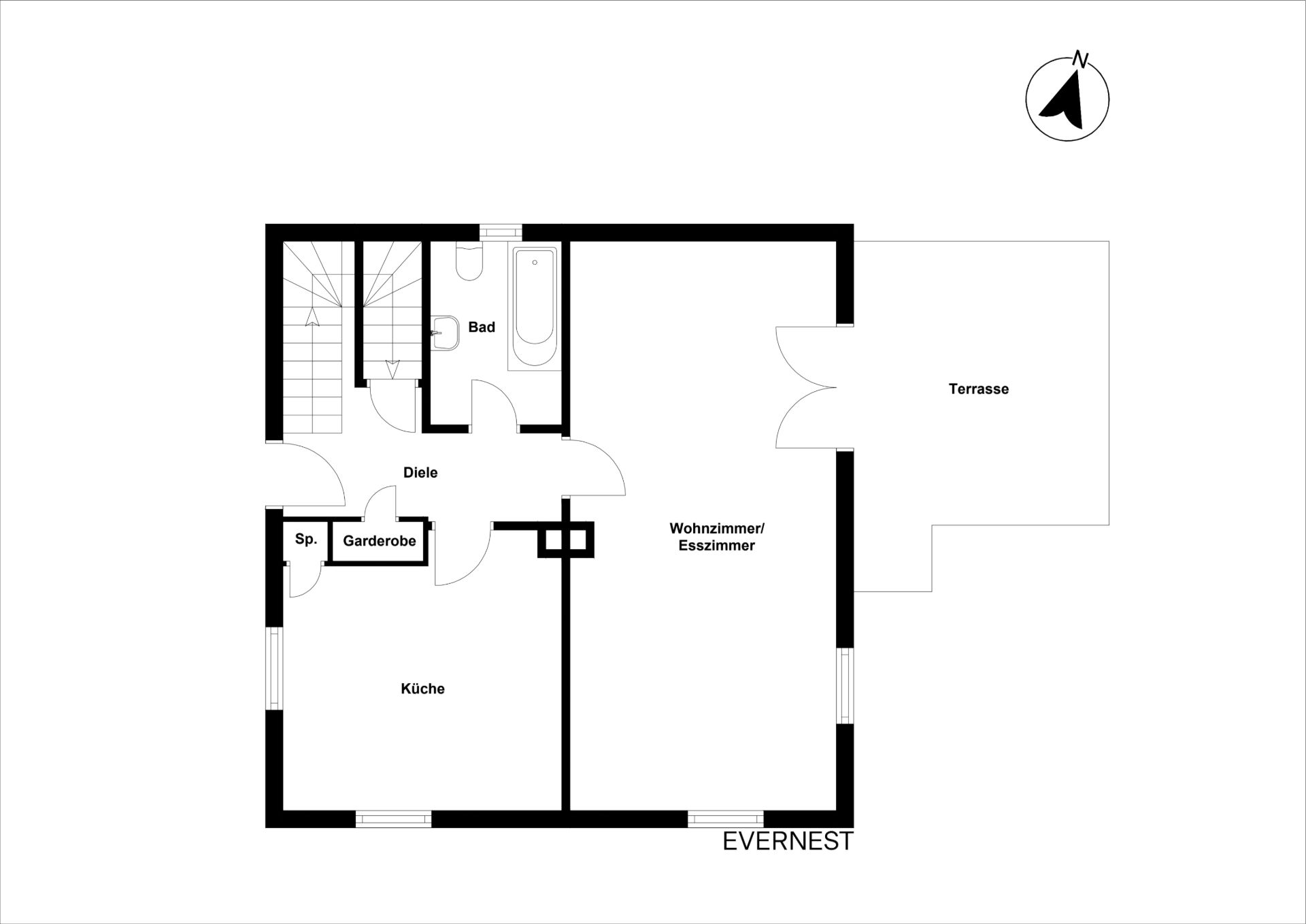 Grundriss mit Küche, Bad, Diele, Garderobe, Wohnzimmer/Esszimmer und Terrasse.