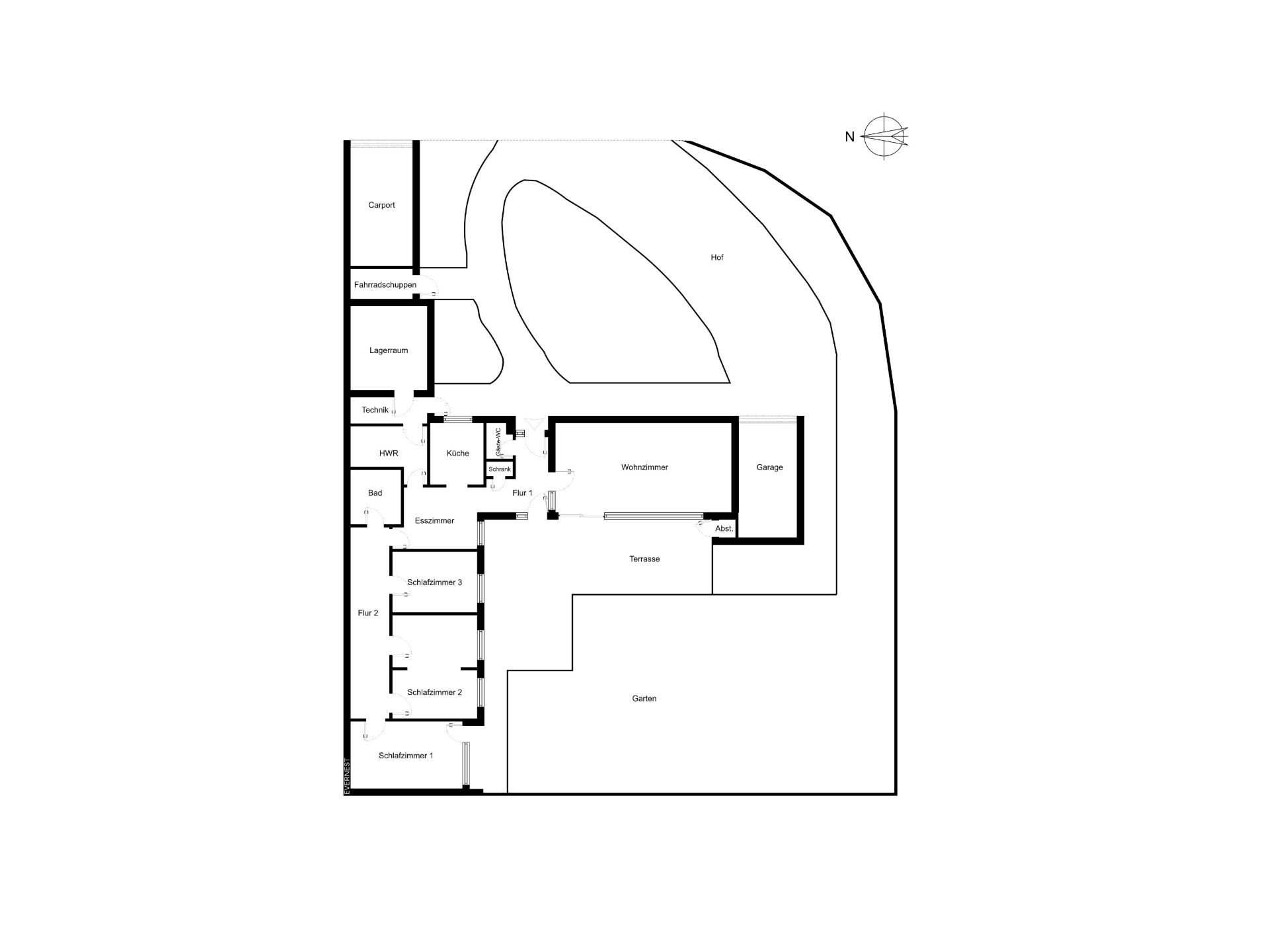 Grundriss eines Wohnhauses mit Schlafzimmern, Wohnzimmer, Küche, Garage, Garten und Terassen.