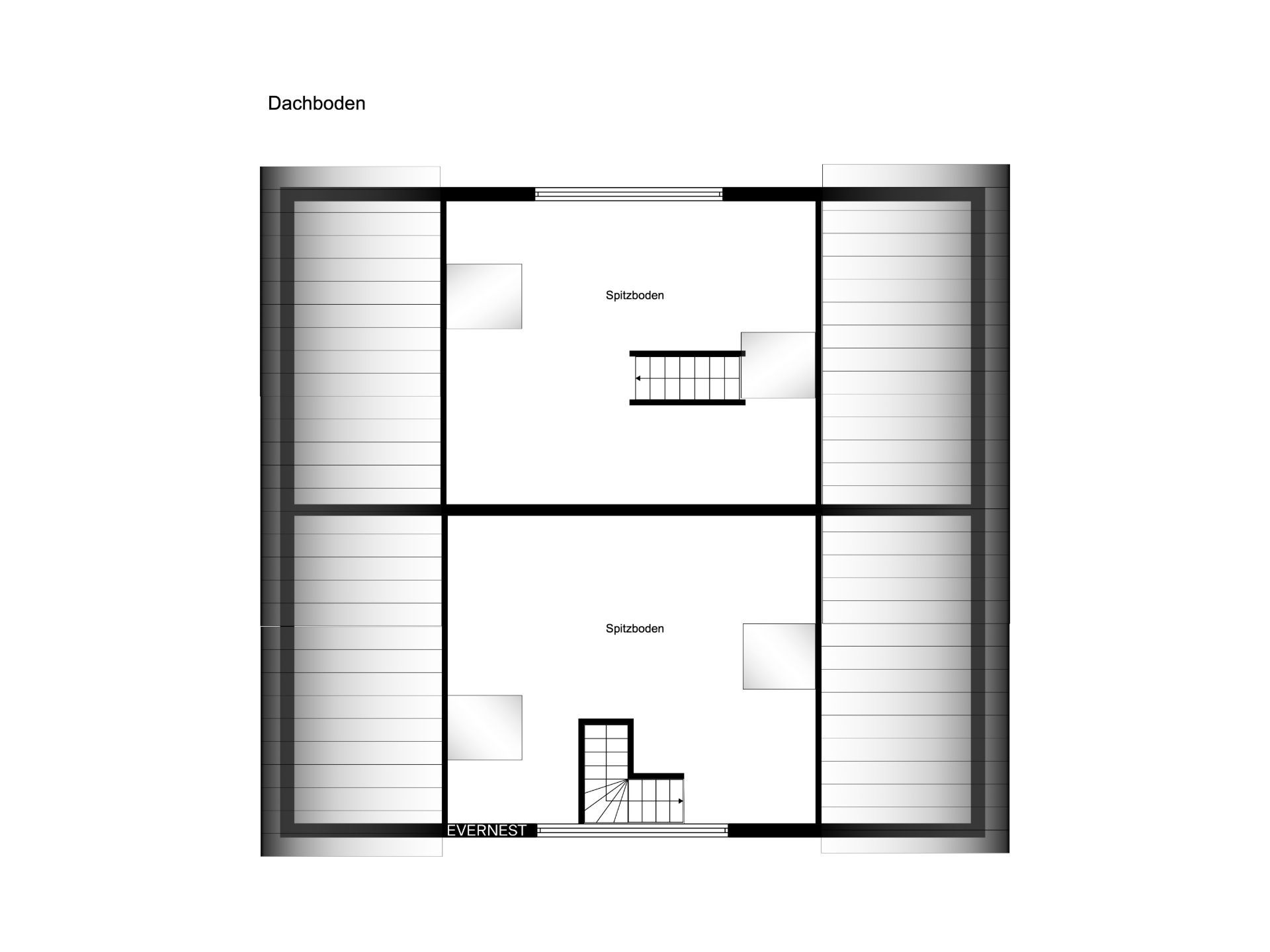 Grundriss des Dachbodens mit zwei Spitzboden-Bereichen und einer Treppe in der Mitte.