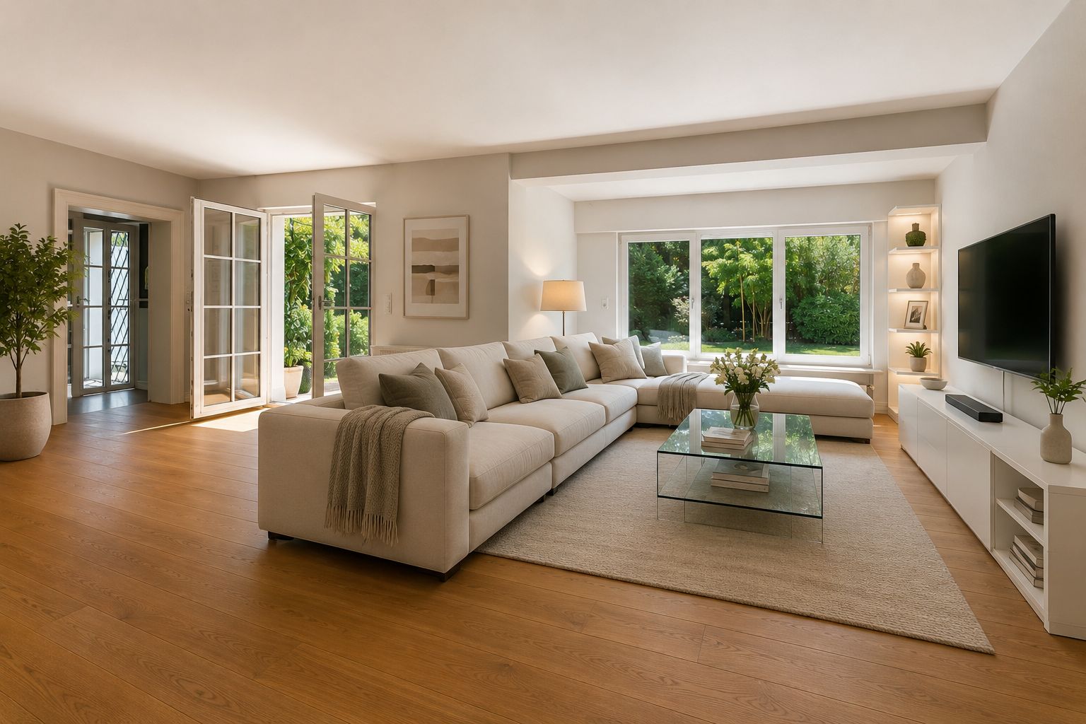 Helles Wohnzimmer mit großem Sofa, Glastisch, Fernseher und Blick in den Garten.