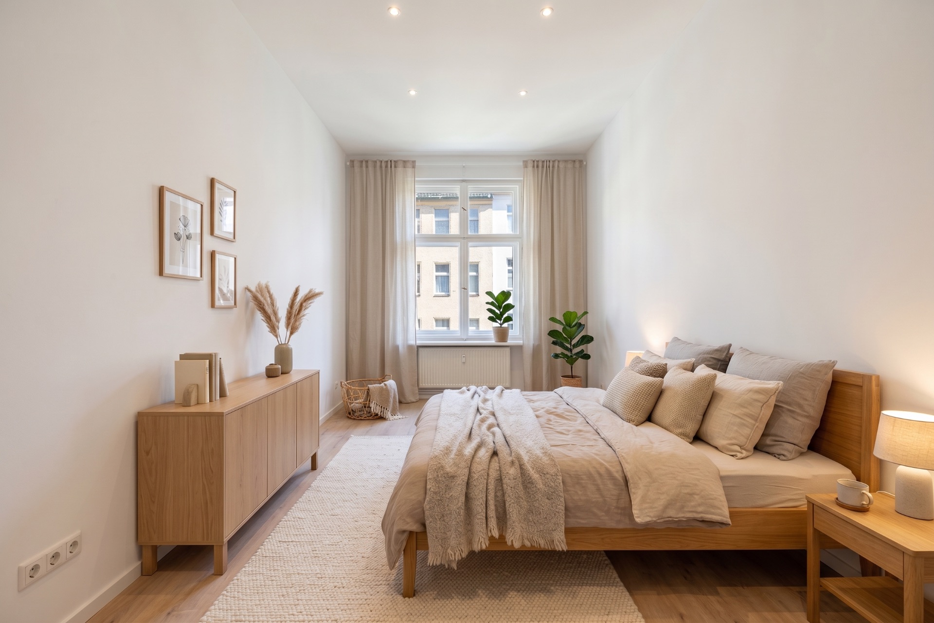 Helles Schlafzimmer mit Doppelbett, Holzmöbeln, großen Fenstern und Pflanzen am Fenster.