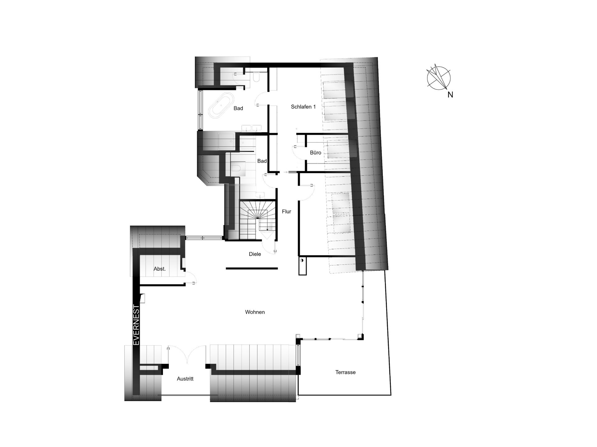 Grundriss einer Wohnung mit Wohnzimmer, Schlafzimmer, Bad, Büro und Terrasse.