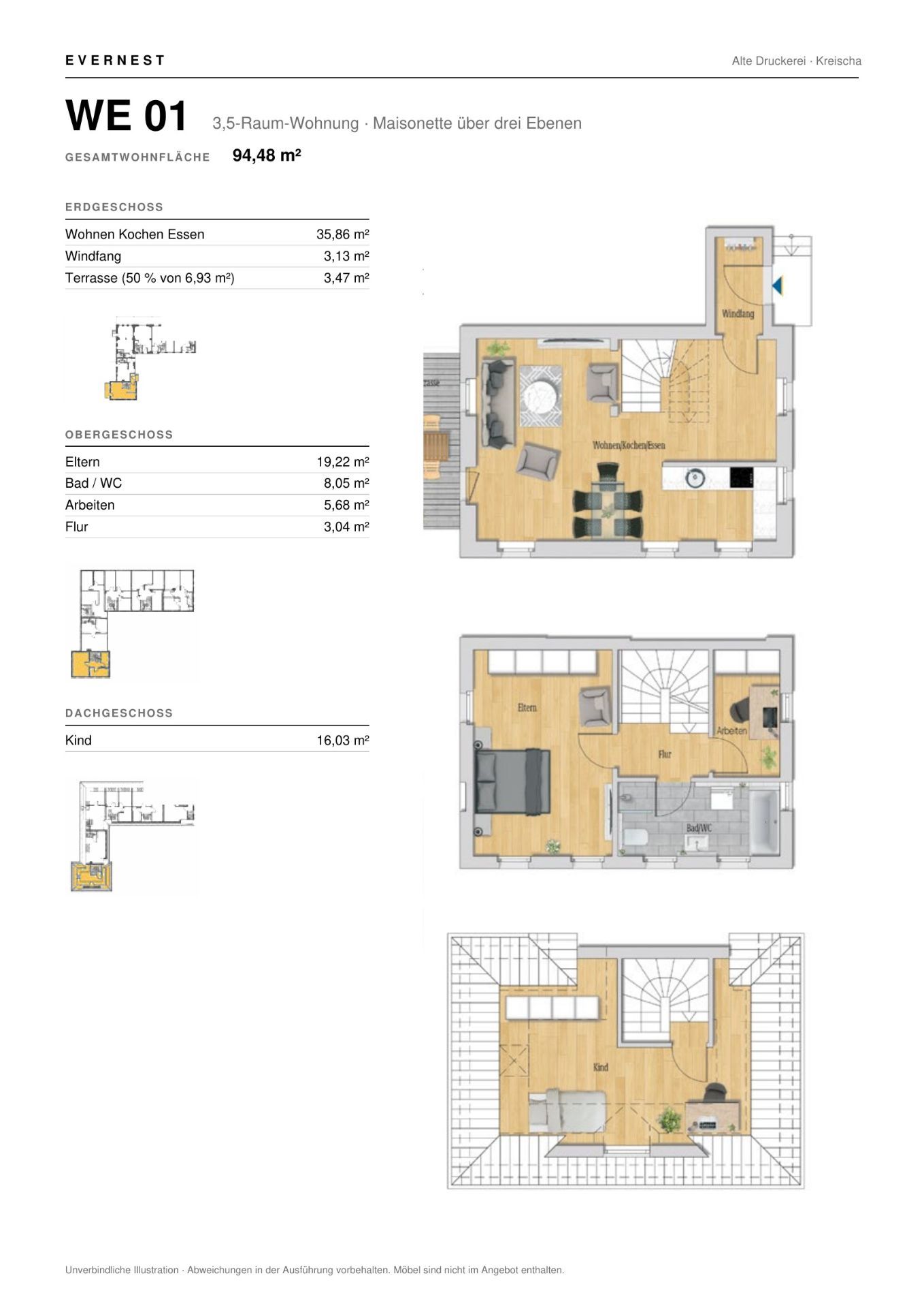 Maisonette-Wohnungsgrundriss mit drei Etagen: Wohnbereich, Schlafzimmer, Bad, Büro und Kinderzimmer.