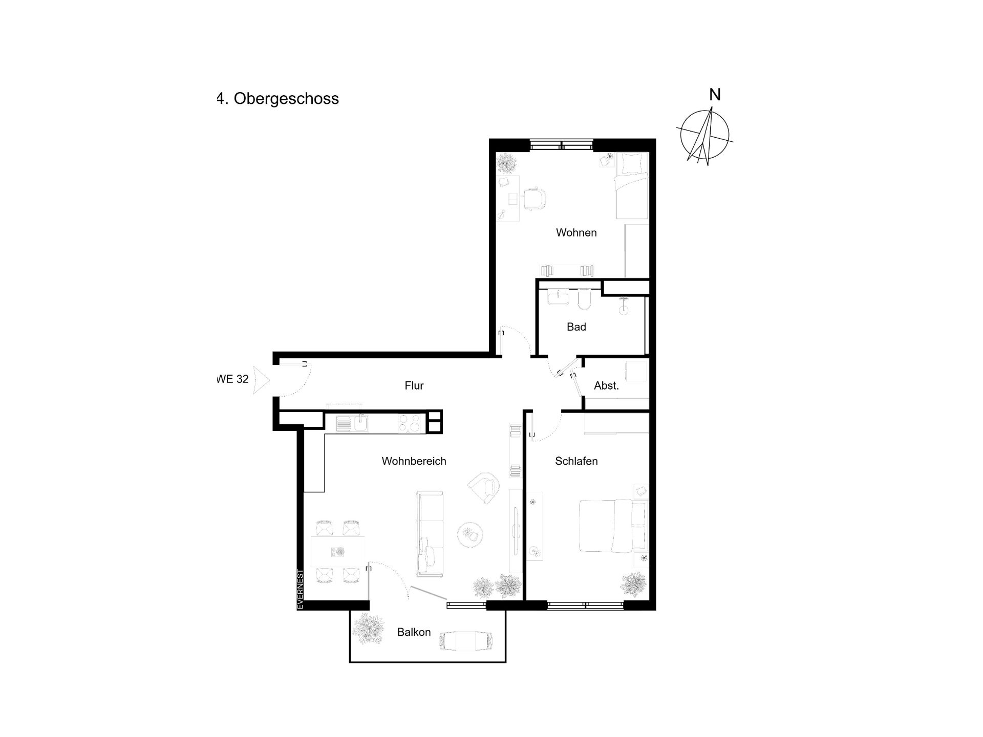 Grundriss einer Wohnung mit Wohnzimmer, Schlafzimmer, Bad, Flur, Abstellraum und Balkon.