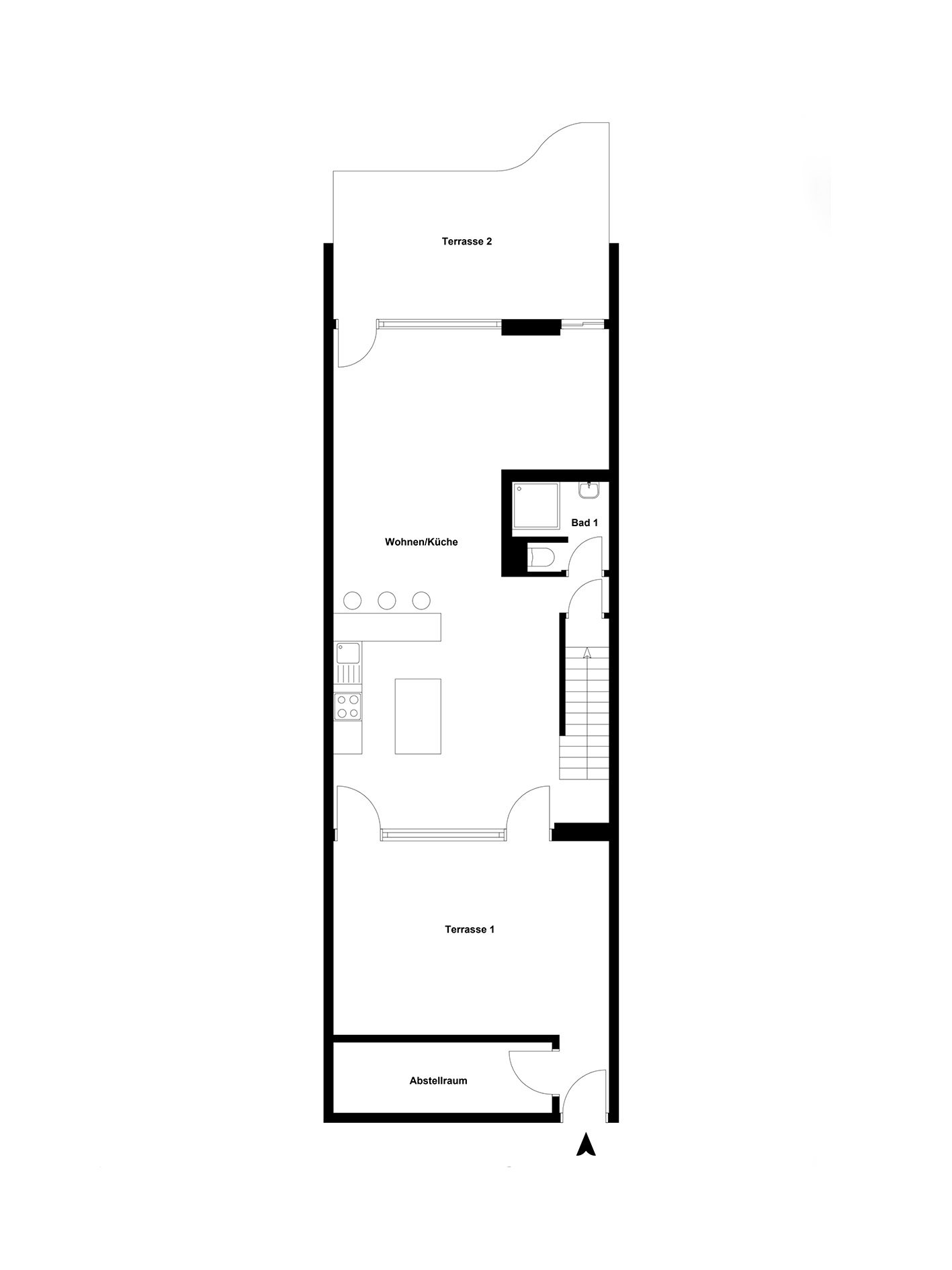 Grundriss einer Wohnung mit Wohnküche, Bad, Abstellraum und zwei Terrassen.