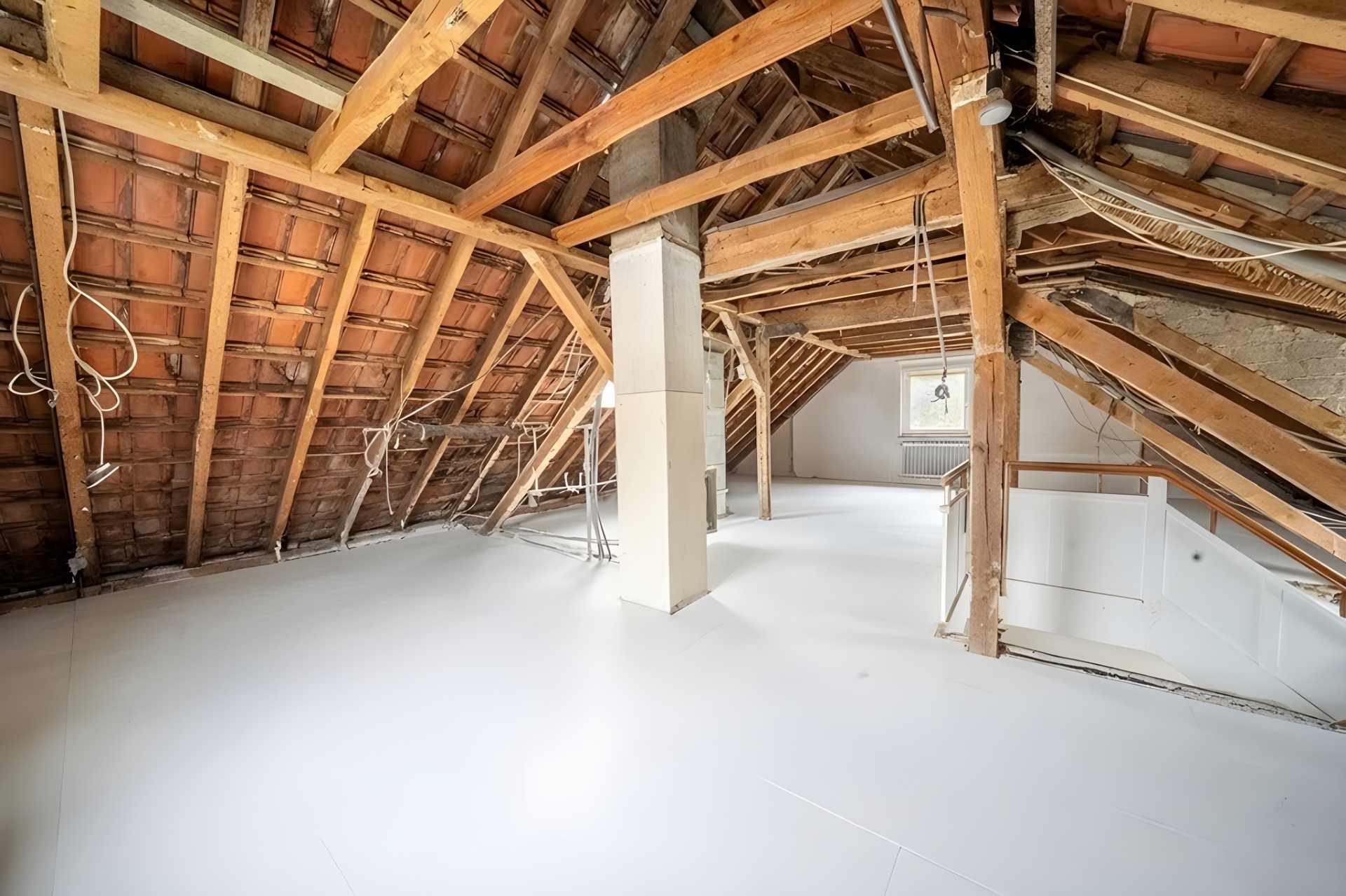 Heller Dachboden mit sichtbaren Holzbalken und weißem Boden, ein Fenster und Treppe sind zu sehen.