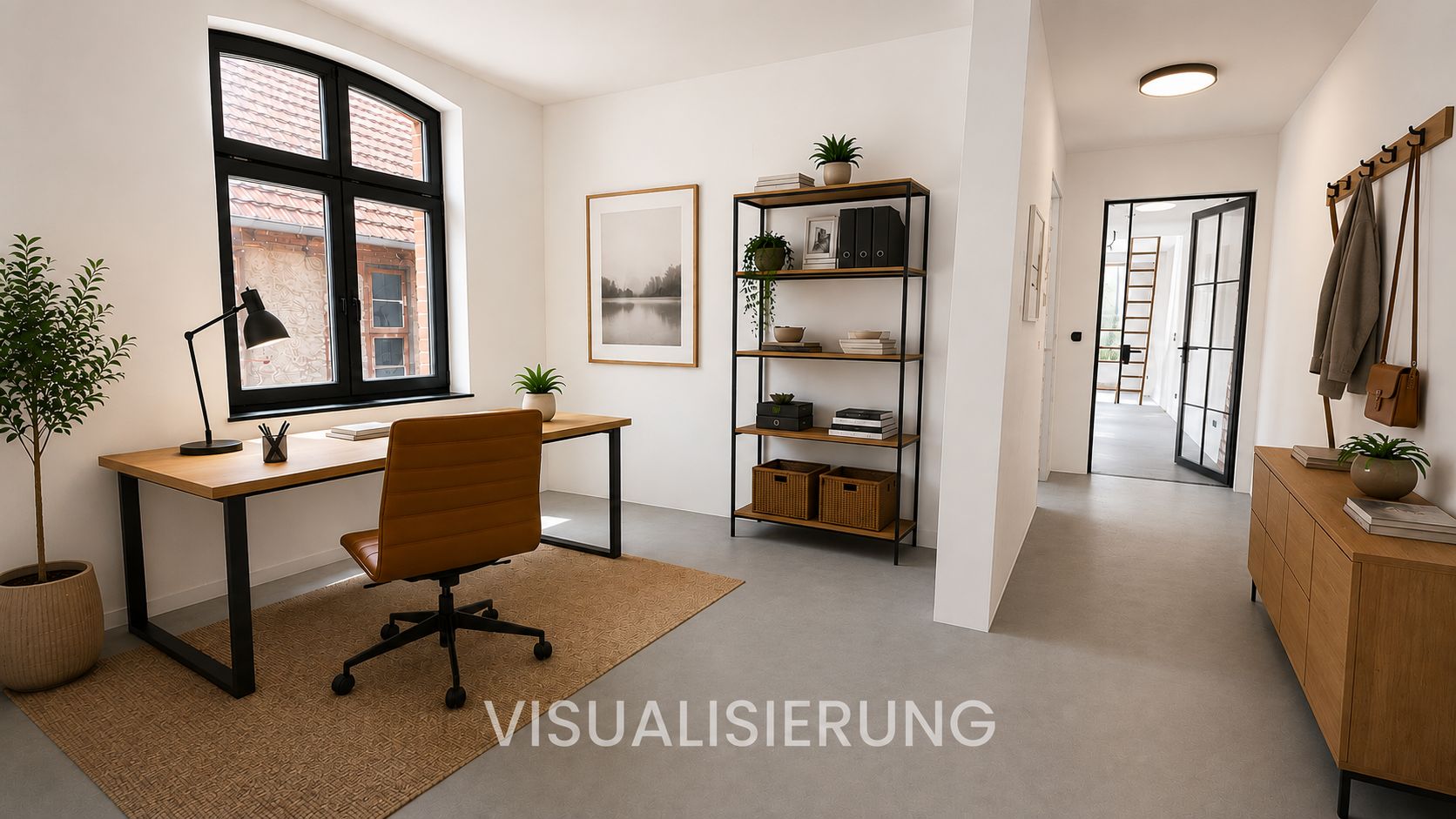 Modernes Arbeitszimmer mit Schreibtisch am Fenster, Regal, Kommode und Stuhl auf einem Teppich.