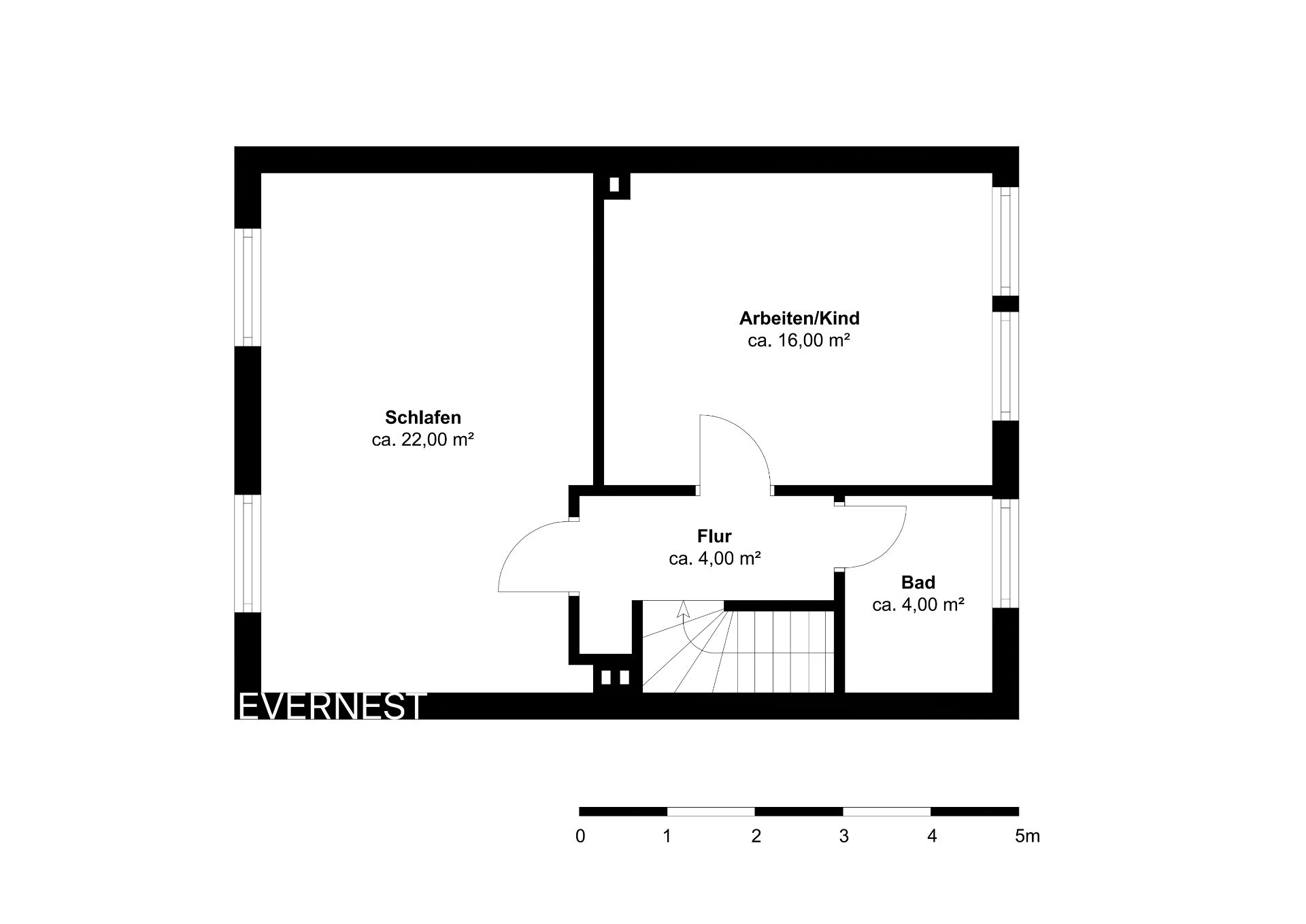 Grundriss mit Schlafzimmer, Arbeitszimmer/Kinderzimmer, Flur, Bad und Treppe.