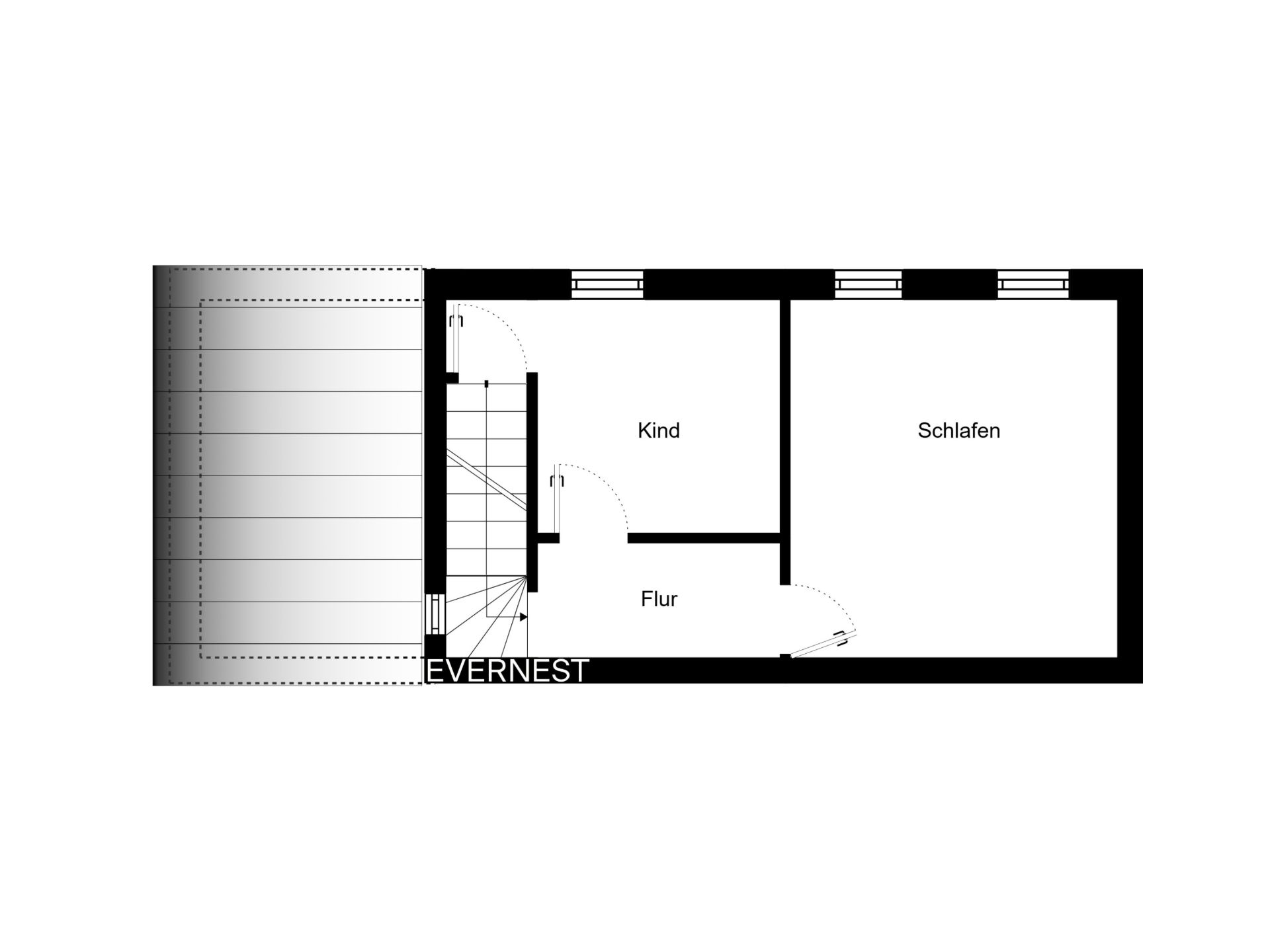 Grundriss mit einem Kinderzimmer, einem Schlafzimmer, Flur und Treppe.