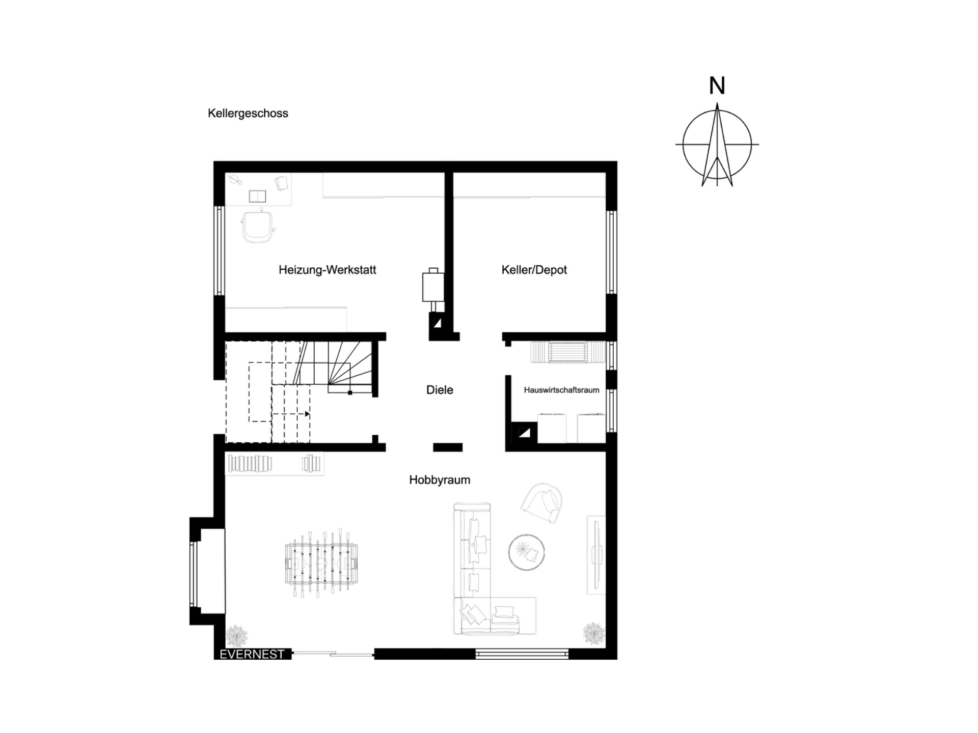 Grundriss eines Kellers mit Werkstatt, Hobbyraum, Kellerraum und Hauswirtschaftsraum.
