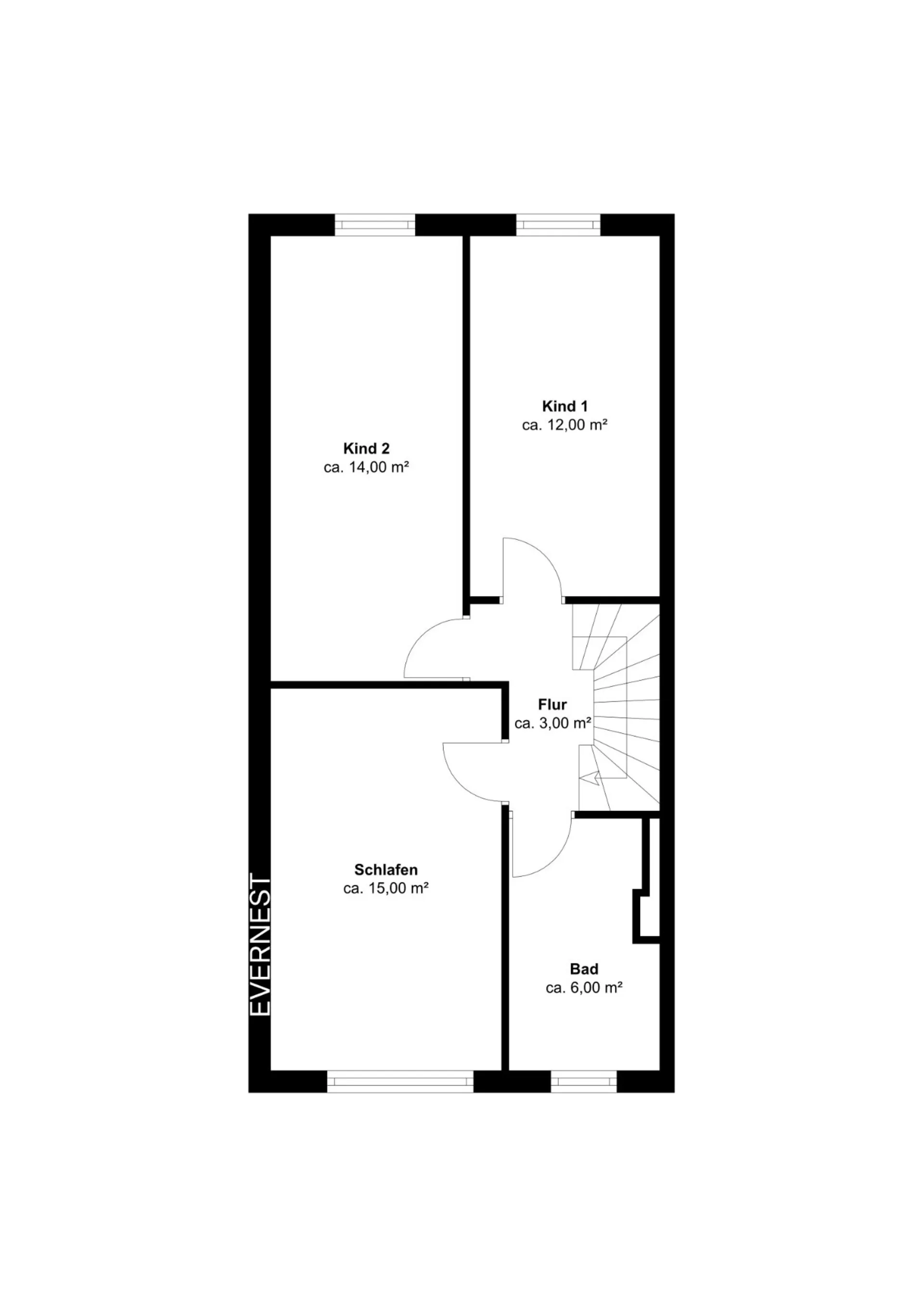 Grundriss mit drei Zimmern, Badezimmer und Flur, alle Räume mit Flächenangaben.
