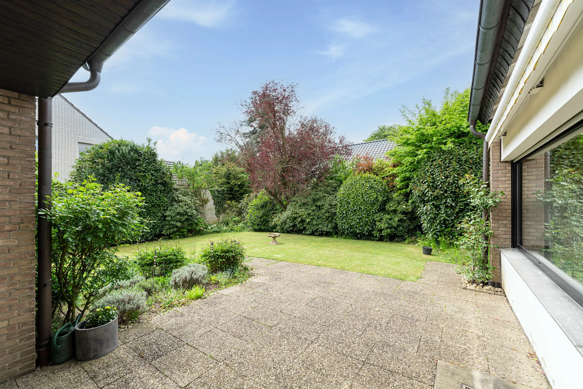 Gepflasterte Terrasse mit angrenzendem Rasen, umgeben von Büschen und Bäumen im Garten.