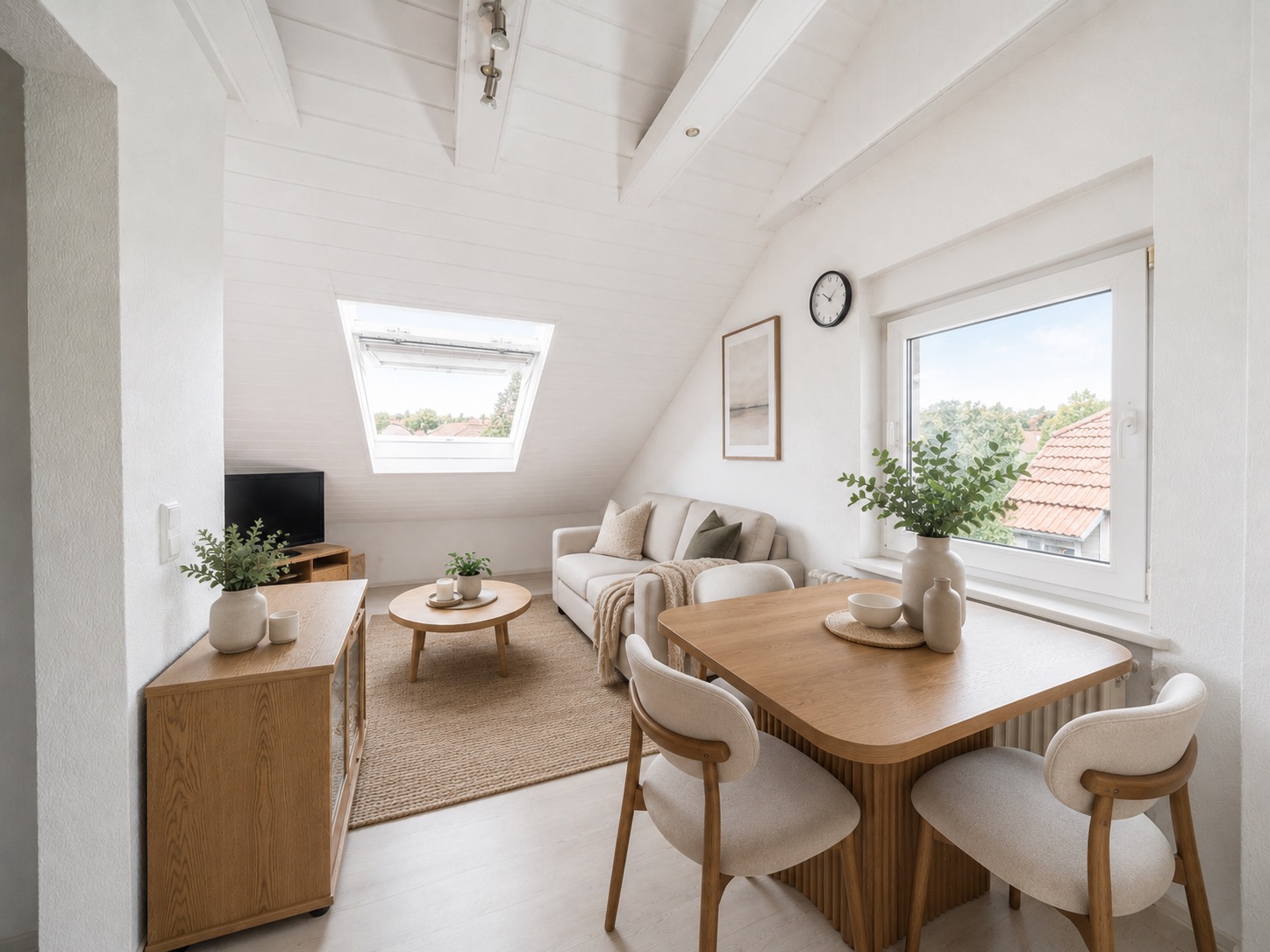 Helles Wohnzimmer mit Sofa, Esstisch, vier Stühlen, TV und großen Fenstern unter einem weißen Dach.