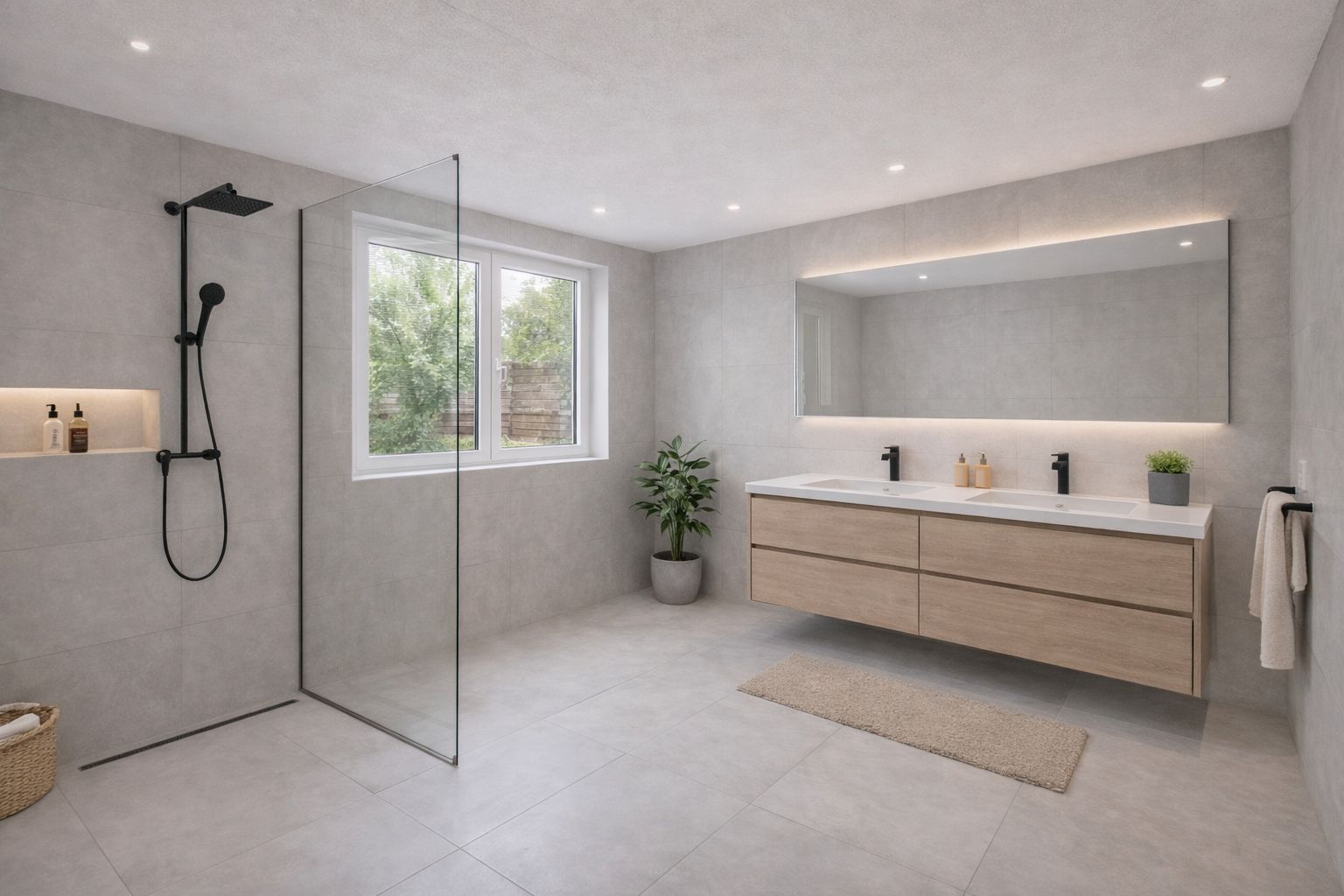 Modernes, helles Badezimmer mit großer Dusche, Doppelwaschbecken, Spiegel und Pflanze.