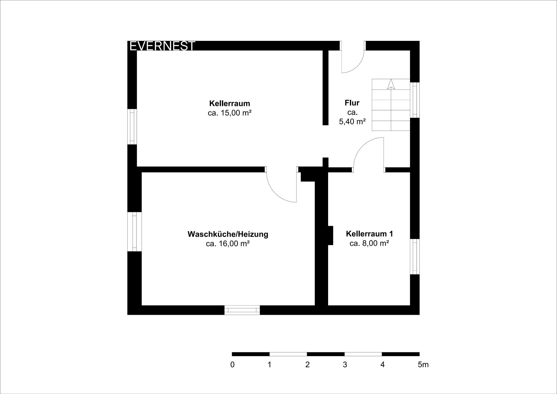 Grundriss des Kellers mit Flur, Waschküche/Heizung und zwei Kellerräumen, Flächenangaben inklusive.