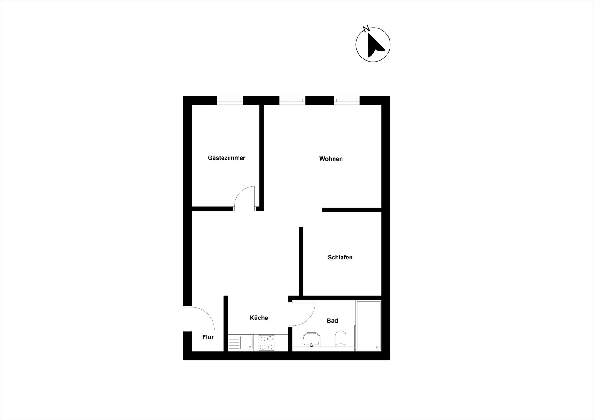 Grundriss mit Gästezimmer, Wohnzimmer, Schlafzimmer, Küche, Bad und Flur.