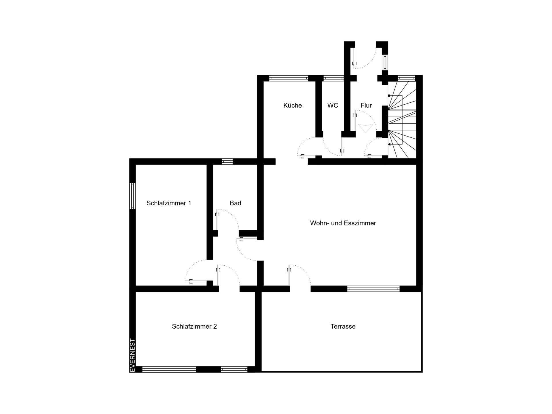 Grundriss mit zwei Schlafzimmern, Bad, Küche, Wohnzimmer, WC und Terrasse.