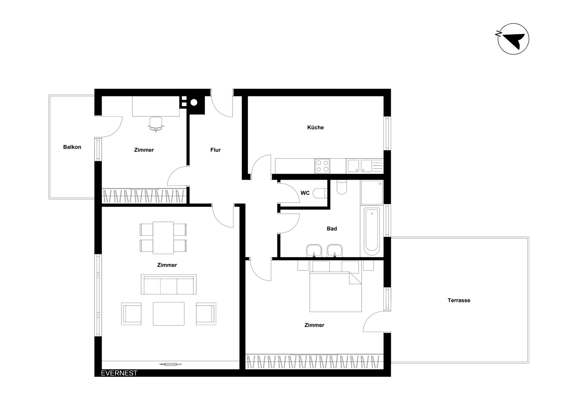 Grundriss einer Wohnung mit Balkon, Terrasse, drei Zimmern, Küche, Bad und WC.