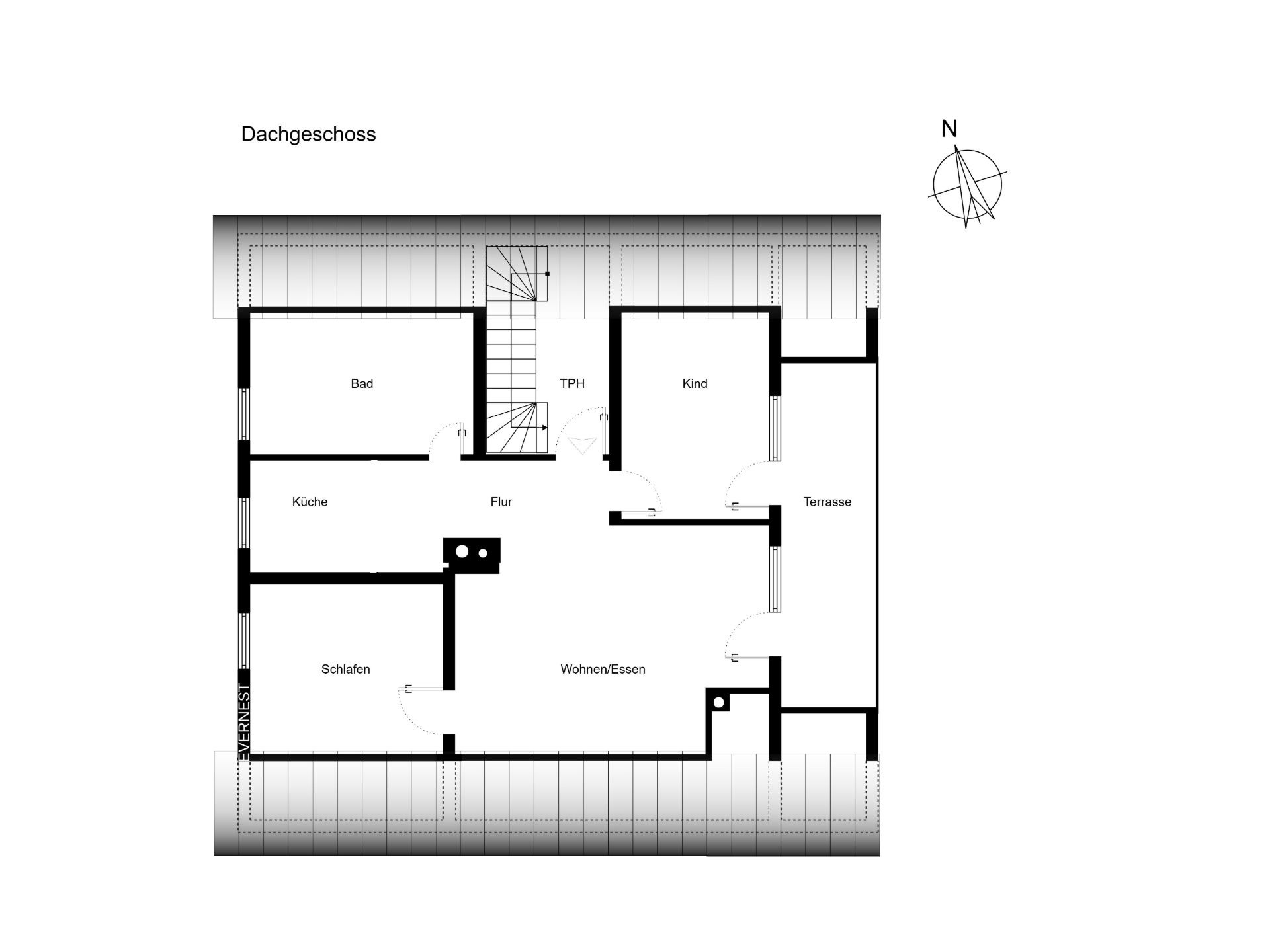 Grundriss eines Dachgeschosses mit Zimmern, Bad, Küche, Terrasse und Flur.