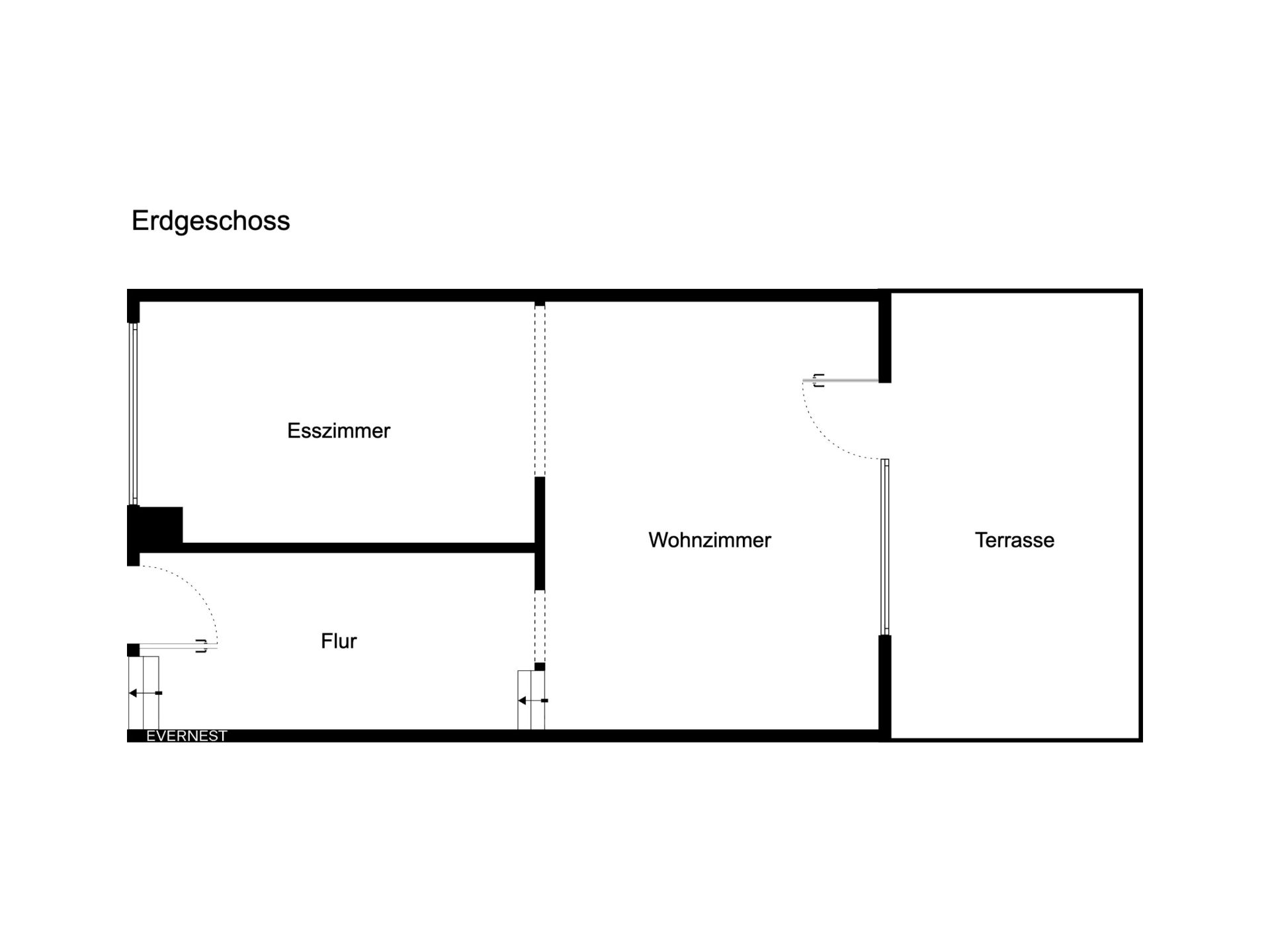 Grundriss des Erdgeschosses mit Flur, Esszimmer, Wohnzimmer und Terrasse.