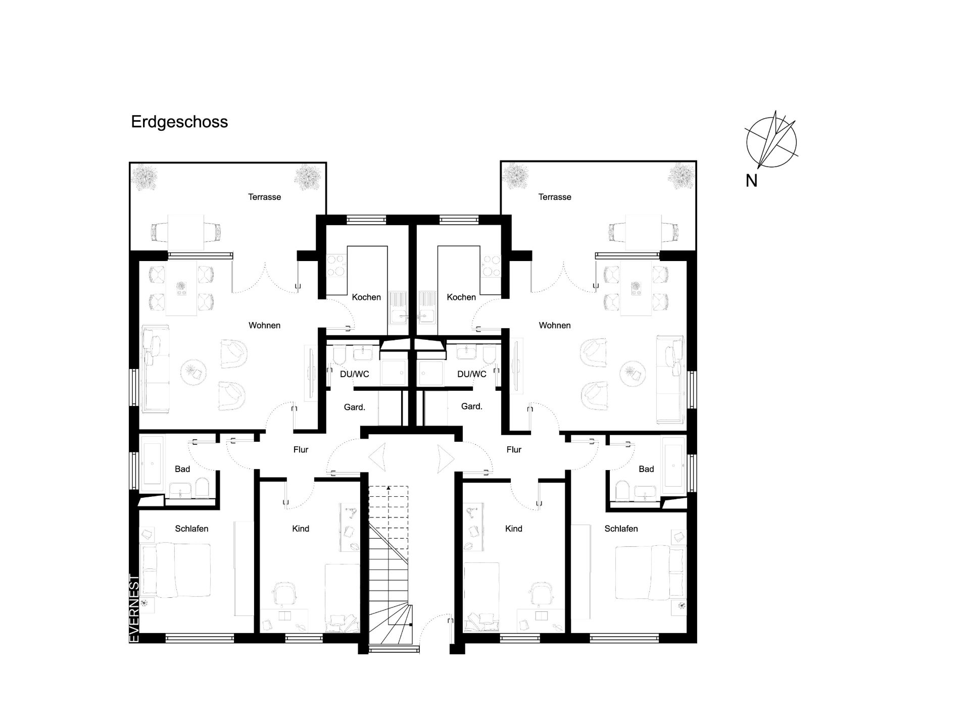 Grundriss des Erdgeschosses mit Wohnzimmer, Küche, Schlafzimmern, Bädern und Terrassen.