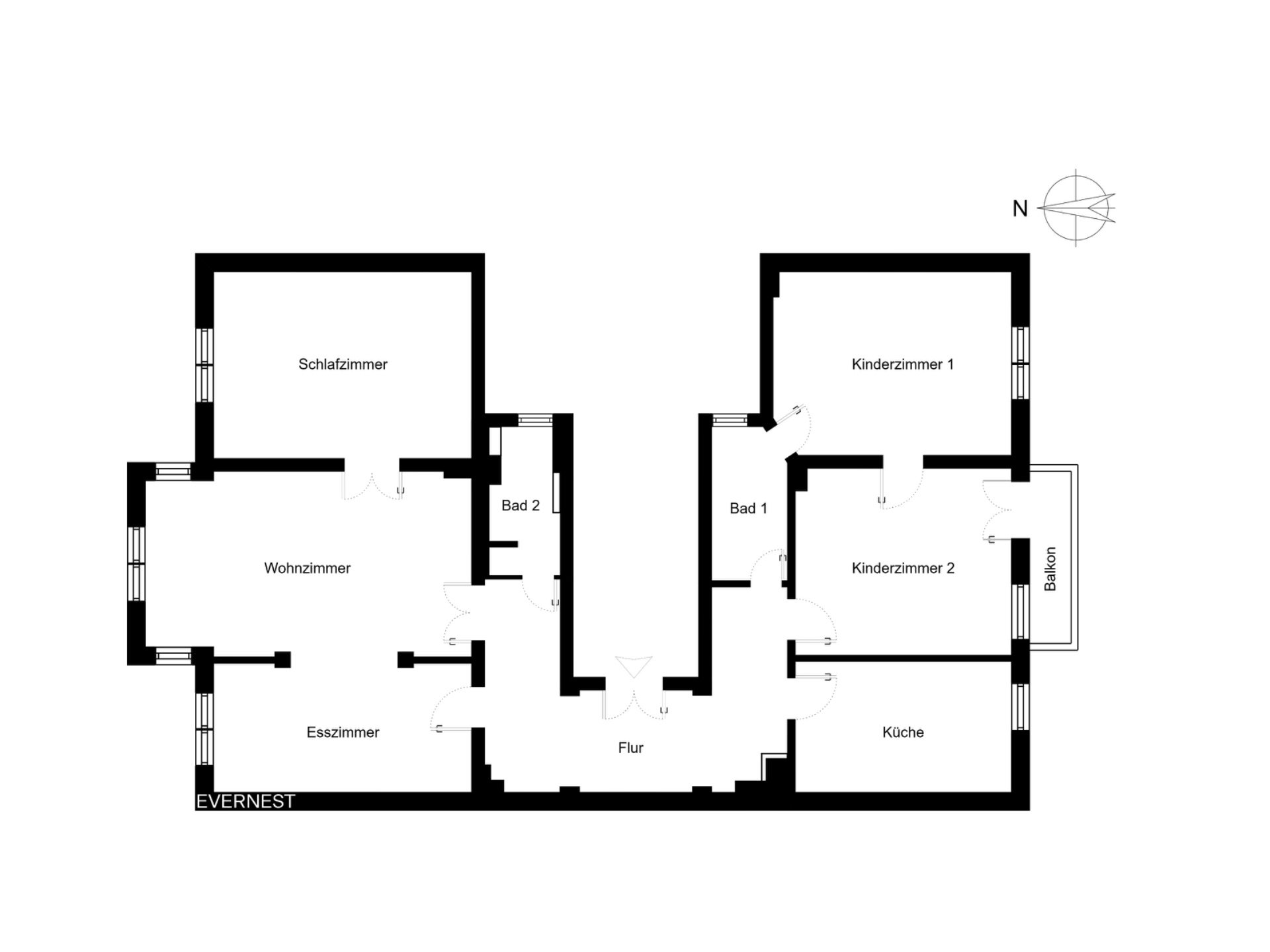 Grundriss mit Schlafzimmer, Wohnzimmer, Esszimmer, Küche, zwei Bädern, Flur, Balkon und zwei Kinderzimmern.