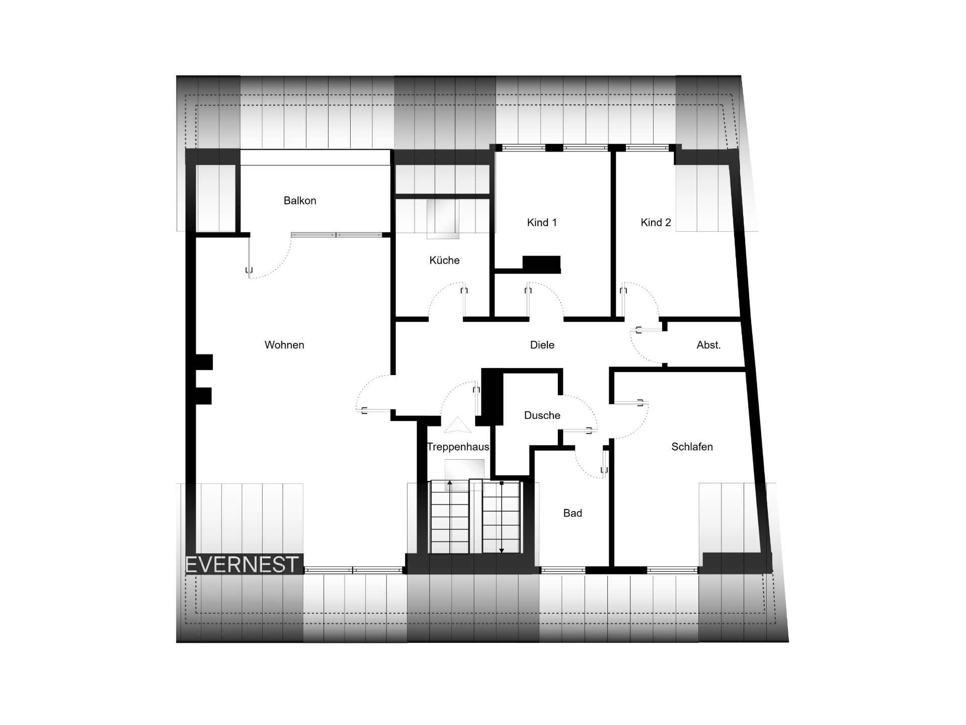 Grundriss einer Wohnung mit Balkon, Wohnzimmer, Küche, zwei Kinderzimmern, Bad und Schlafzimmer.