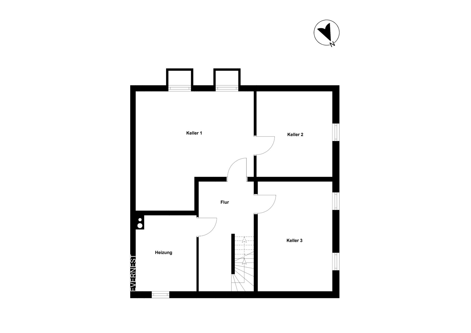 Grundriss mit drei Kellerräumen, Heizungsraum, Flur und Treppe.