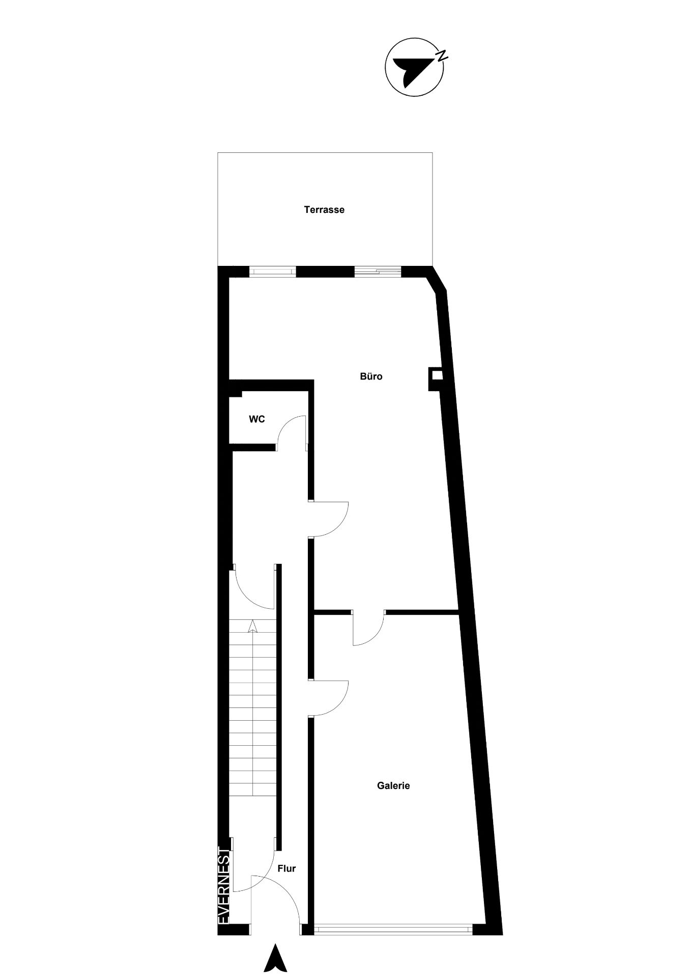 Grundriss mit Terrasse, Büro, WC, Flur, Galerie und Treppenhaus.