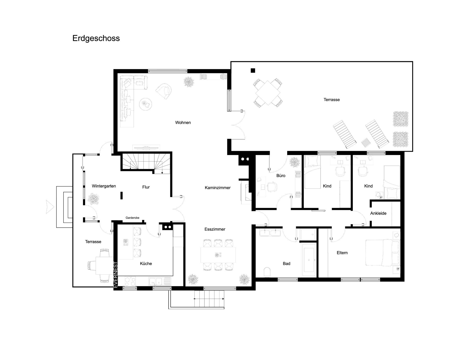 Grundriss des Erdgeschosses mit Wohn-, Schlaf-, Kinderzimmern, Küche, Bad, Büro und Terrasse.
