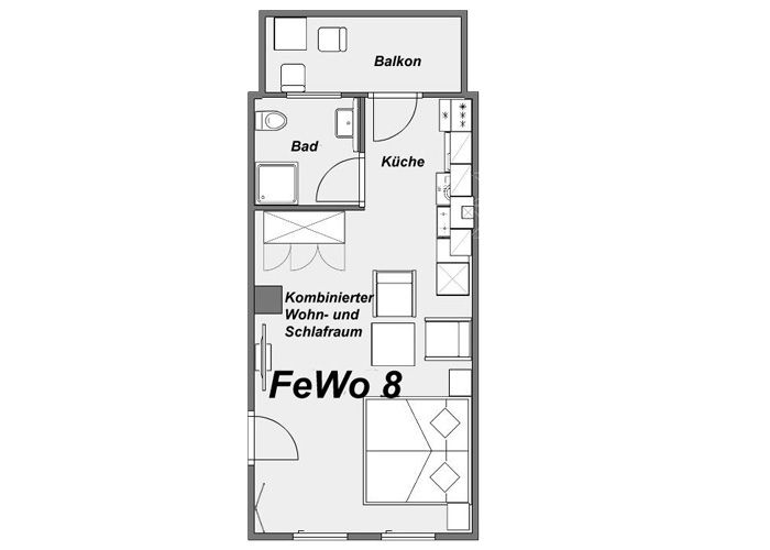 Grundriss einer Wohnung mit Bad, Küche, kombiniertem Wohn- und Schlafraum sowie Balkon.