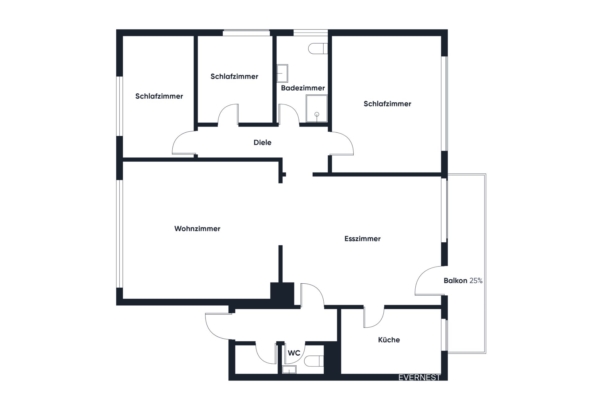 Grundriss einer Wohnung mit drei Schlafzimmern, Wohnzimmer, Esszimmer, Küche, Bad, WC und Balkon.