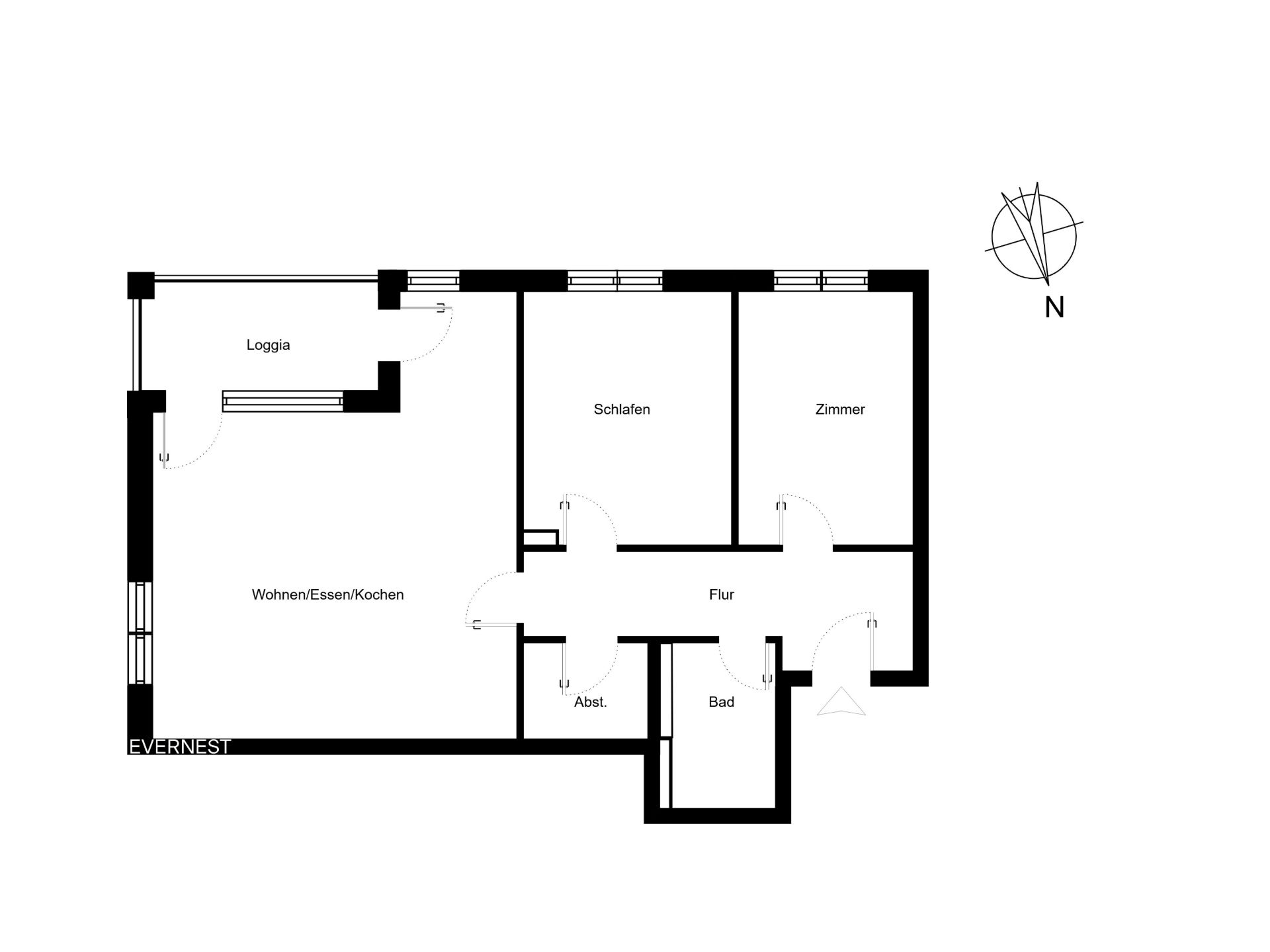 Wohnungsgrundriss mit Loggia, Wohnzimmer, Schlafzimmer, Zimmer, Flur, Bad und Abstellraum.