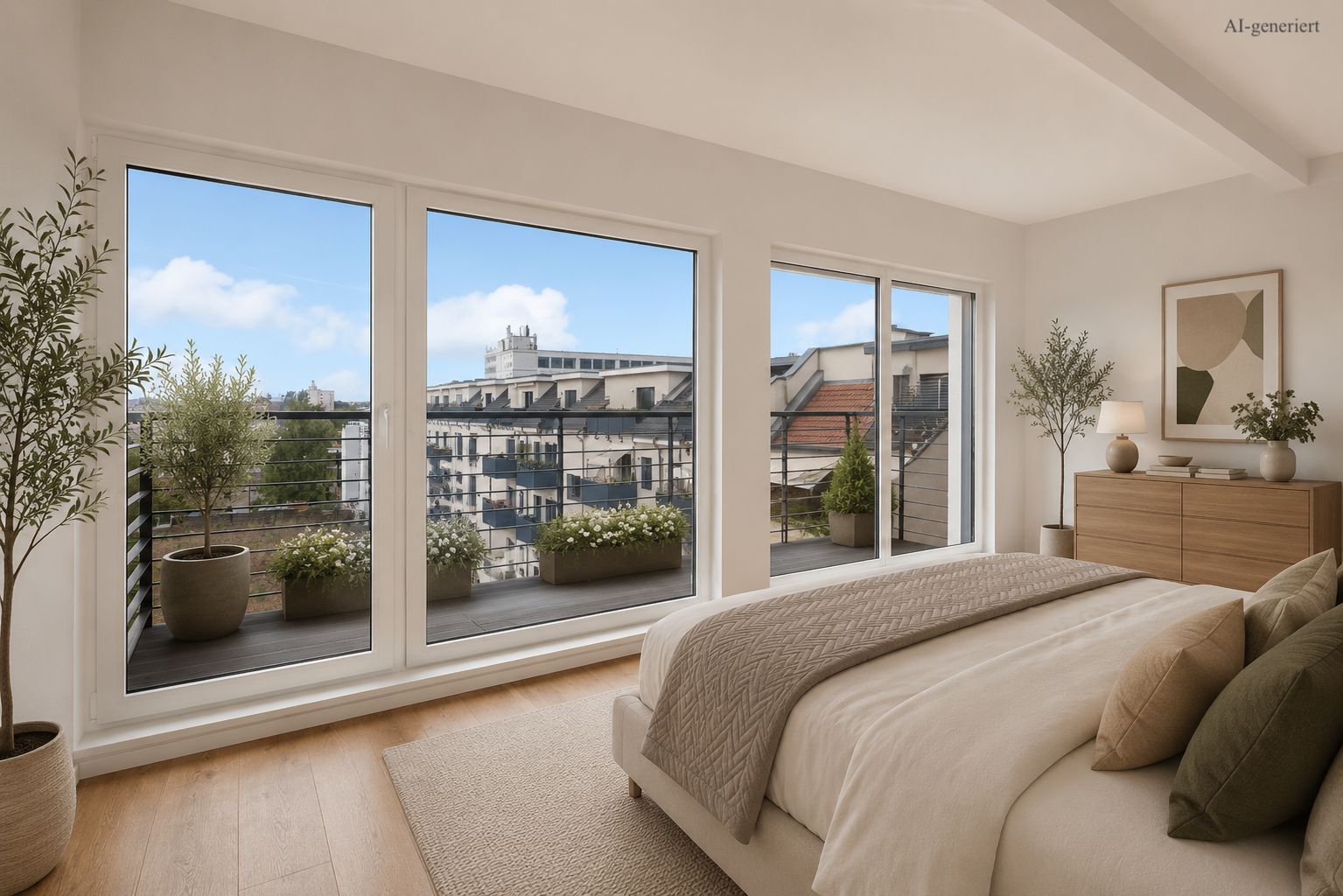 Helles Schlafzimmer mit großem Bett, Pflanzen und Zugang zu einem Balkon mit Stadtblick.