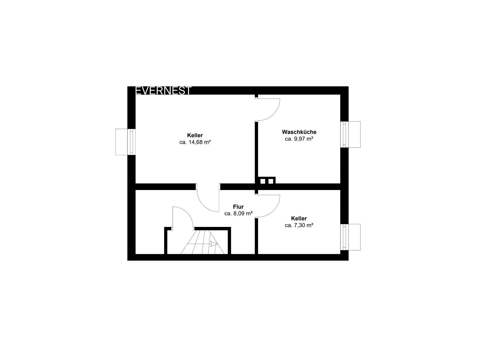 Grundriss mit zwei Kellerräumen, einer Waschküche und einem Flur, Flächenangaben in Quadratmetern.