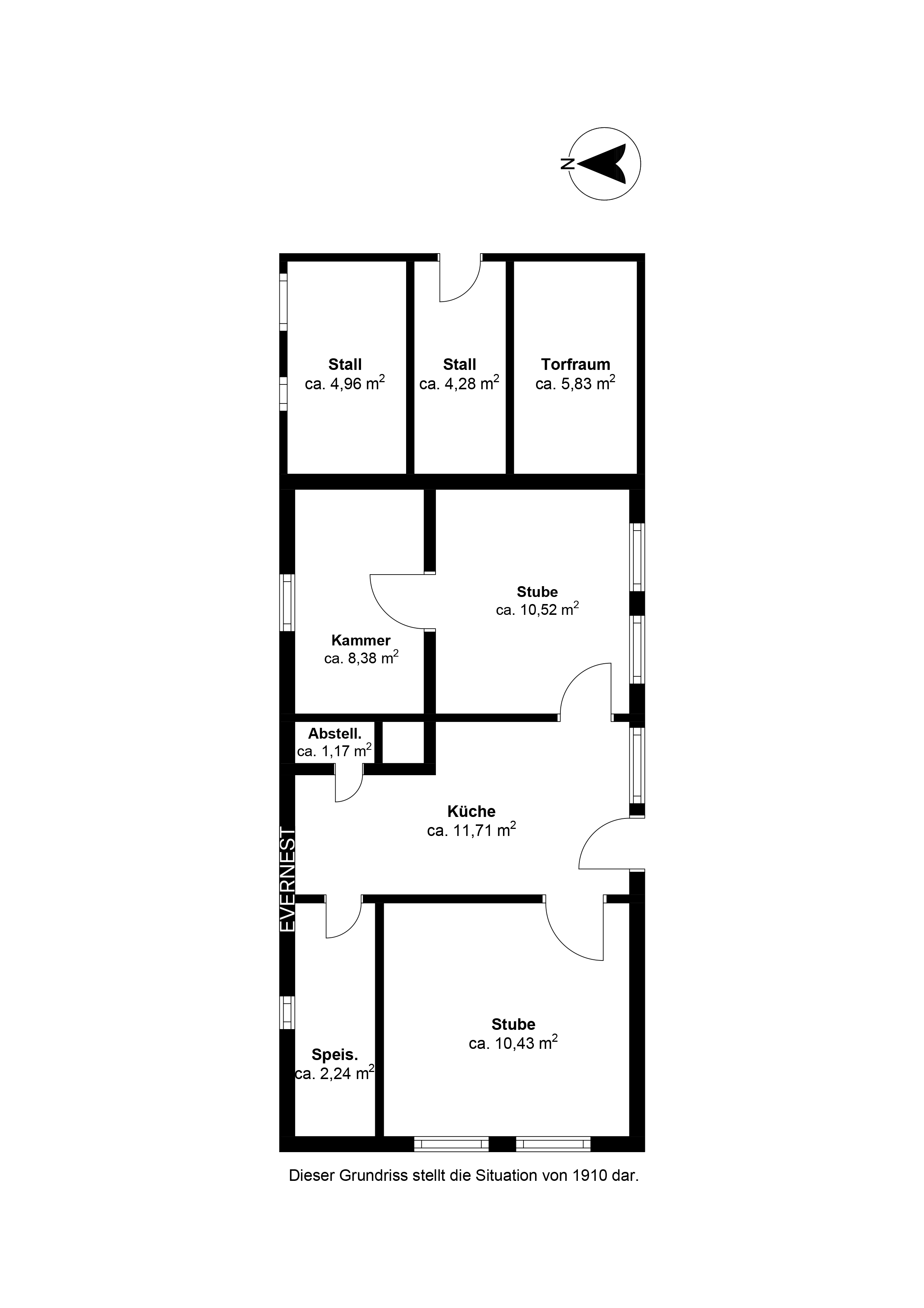 Grundriss eines Wohngebäudes mit Stube, Küche, Kammer, Speis, Abstellraum und Stallräumen.