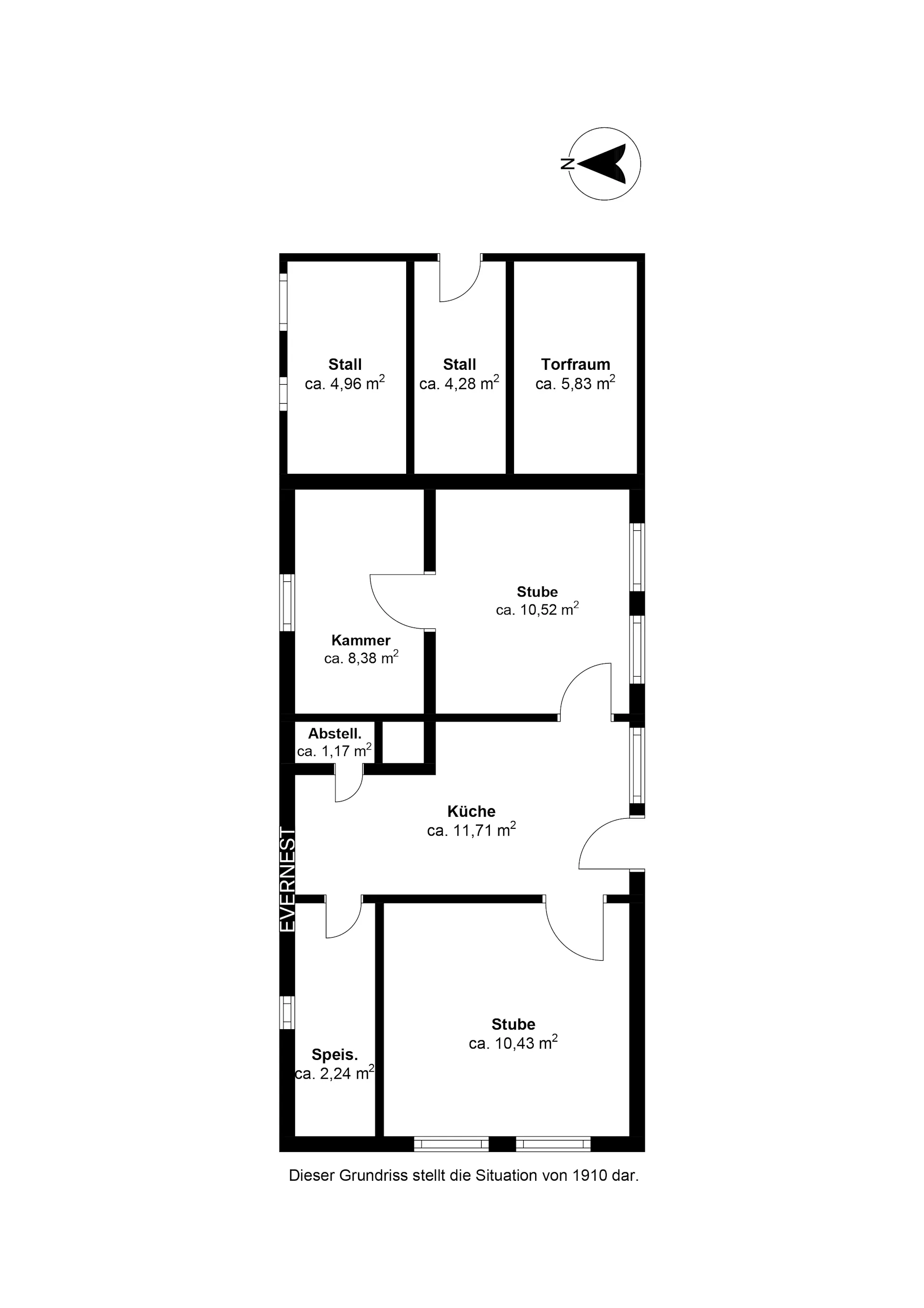Grundriss eines Wohngebäudes mit Stube, Küche, Kammer, Speis, Abstellraum und Stallräumen.