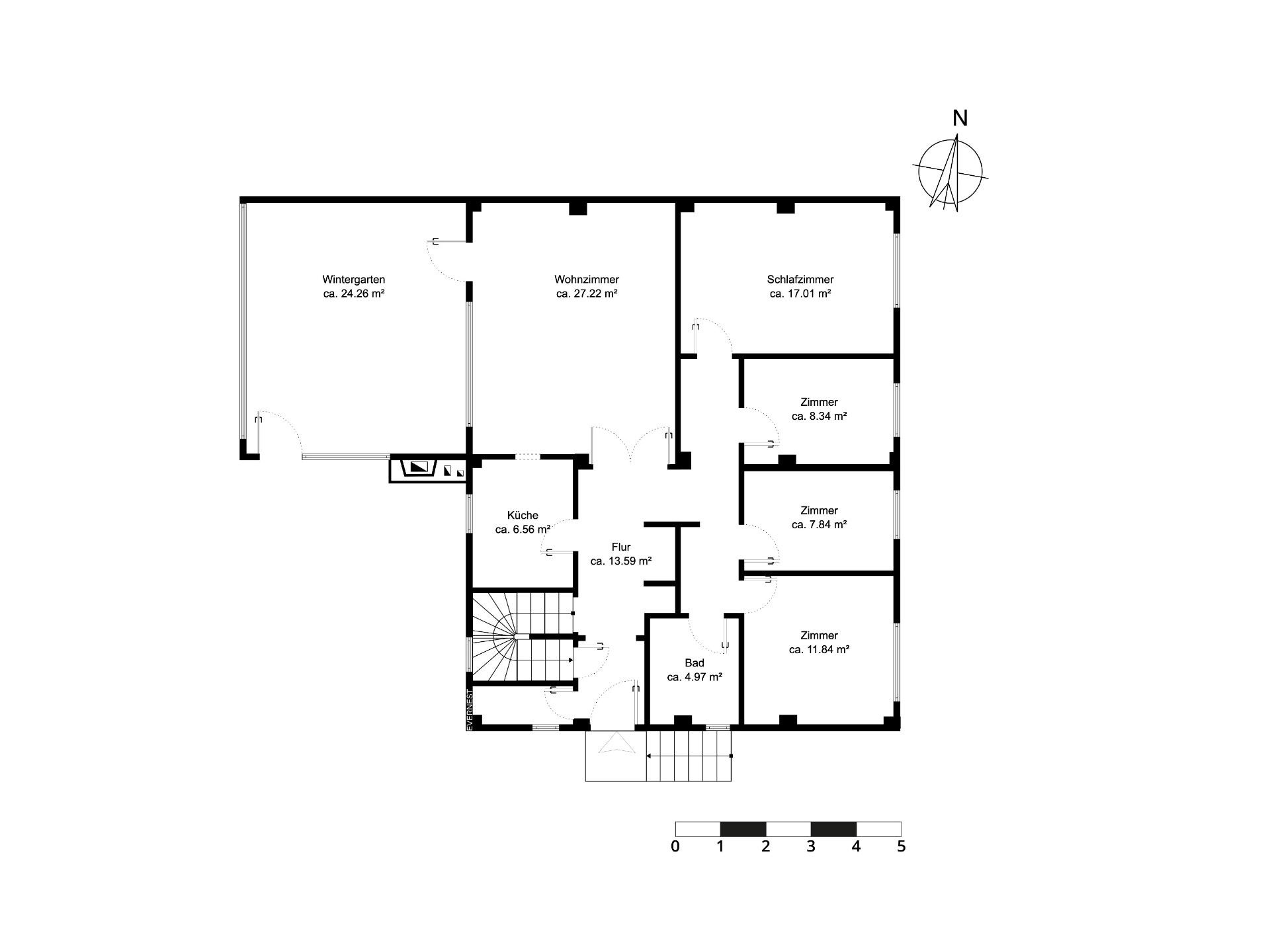 Grundriss einer Wohnung mit Wintergarten, Wohnzimmer, Küche, Flur, Bad und mehreren Zimmern.