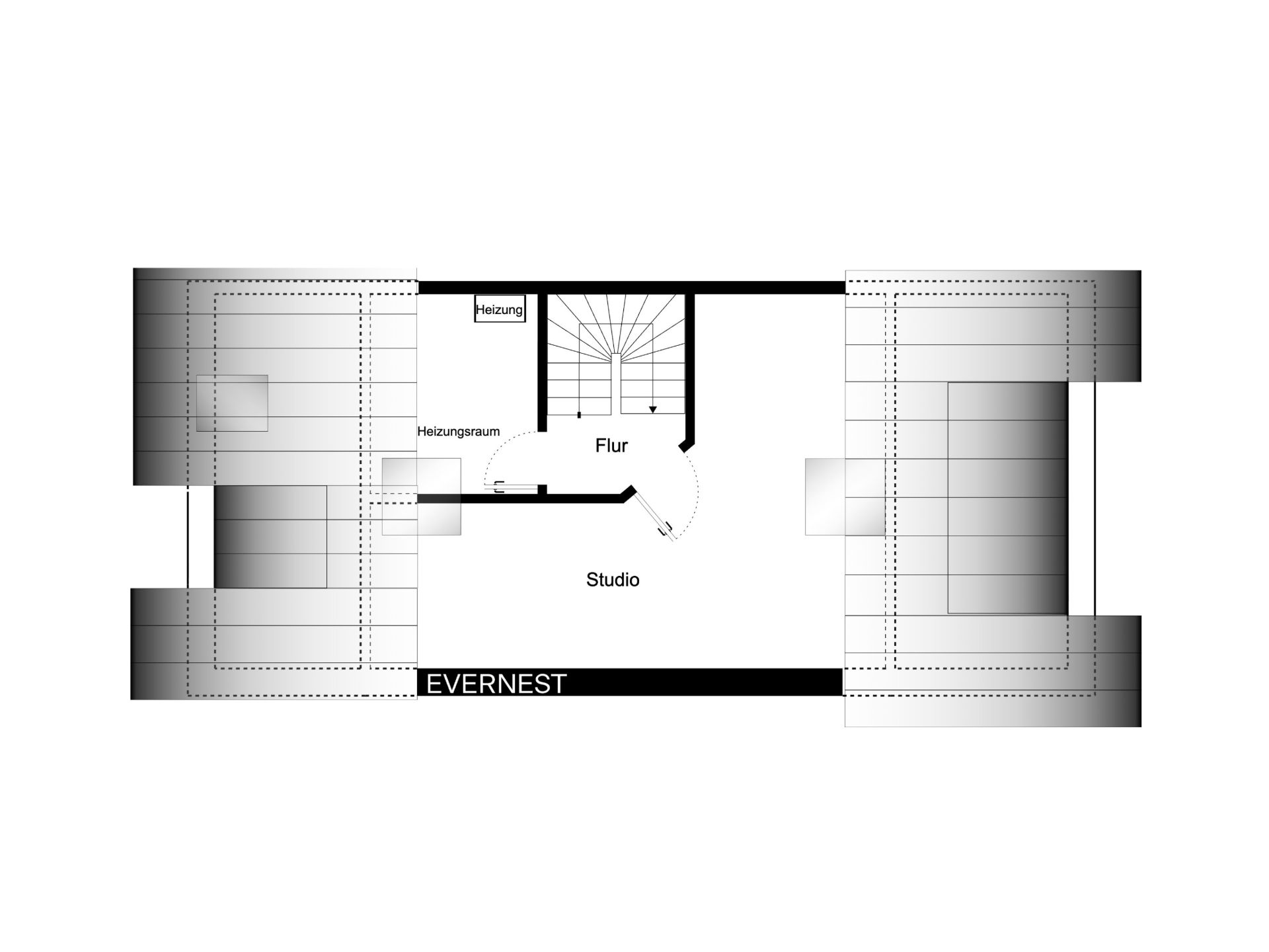 Grundriss eines Dachgeschosses mit Studio, Flur und Heizungsraum.