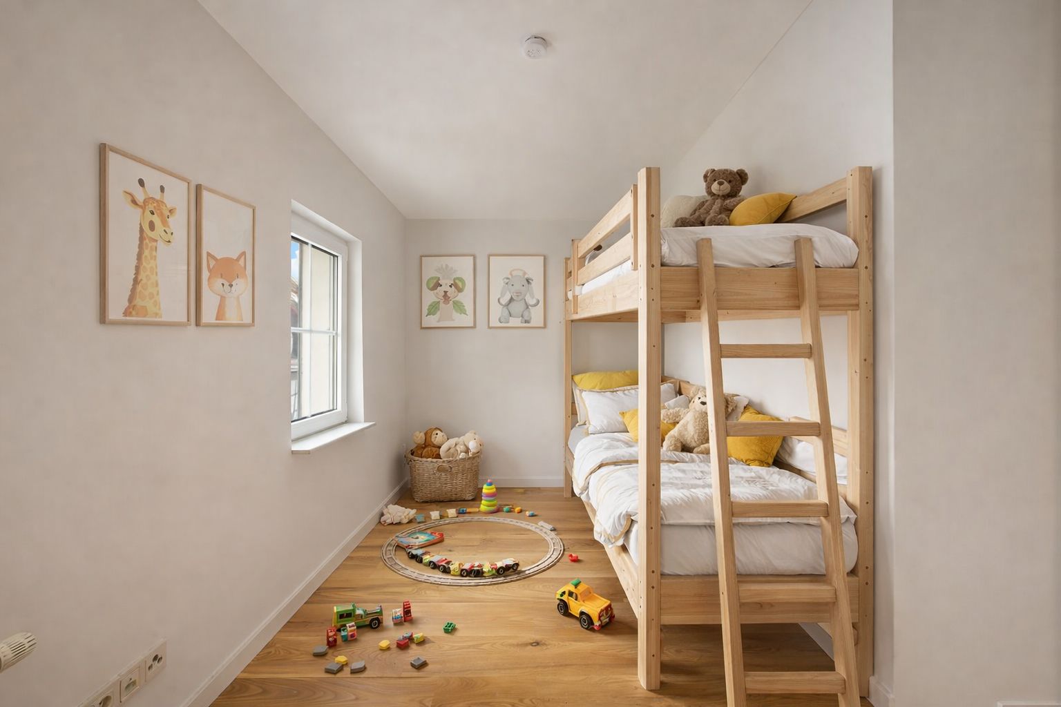 Kinderzimmer mit Etagenbett, Spielsachen auf dem Boden und Tierbildern an der Wand.