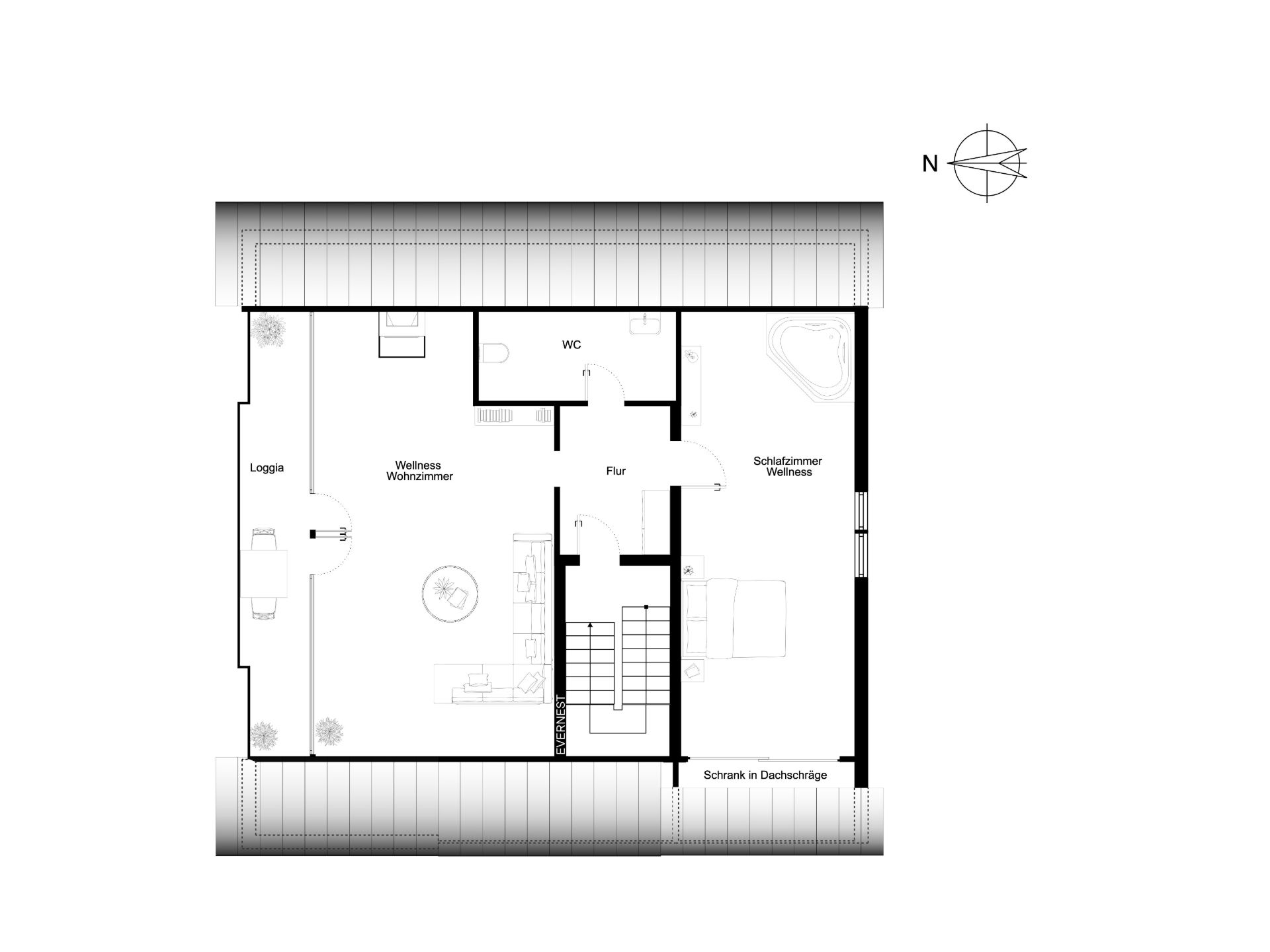 Grundriss einer Wohnung mit Wohnzimmer, Schlafzimmer, WC, Flur und Loggia.