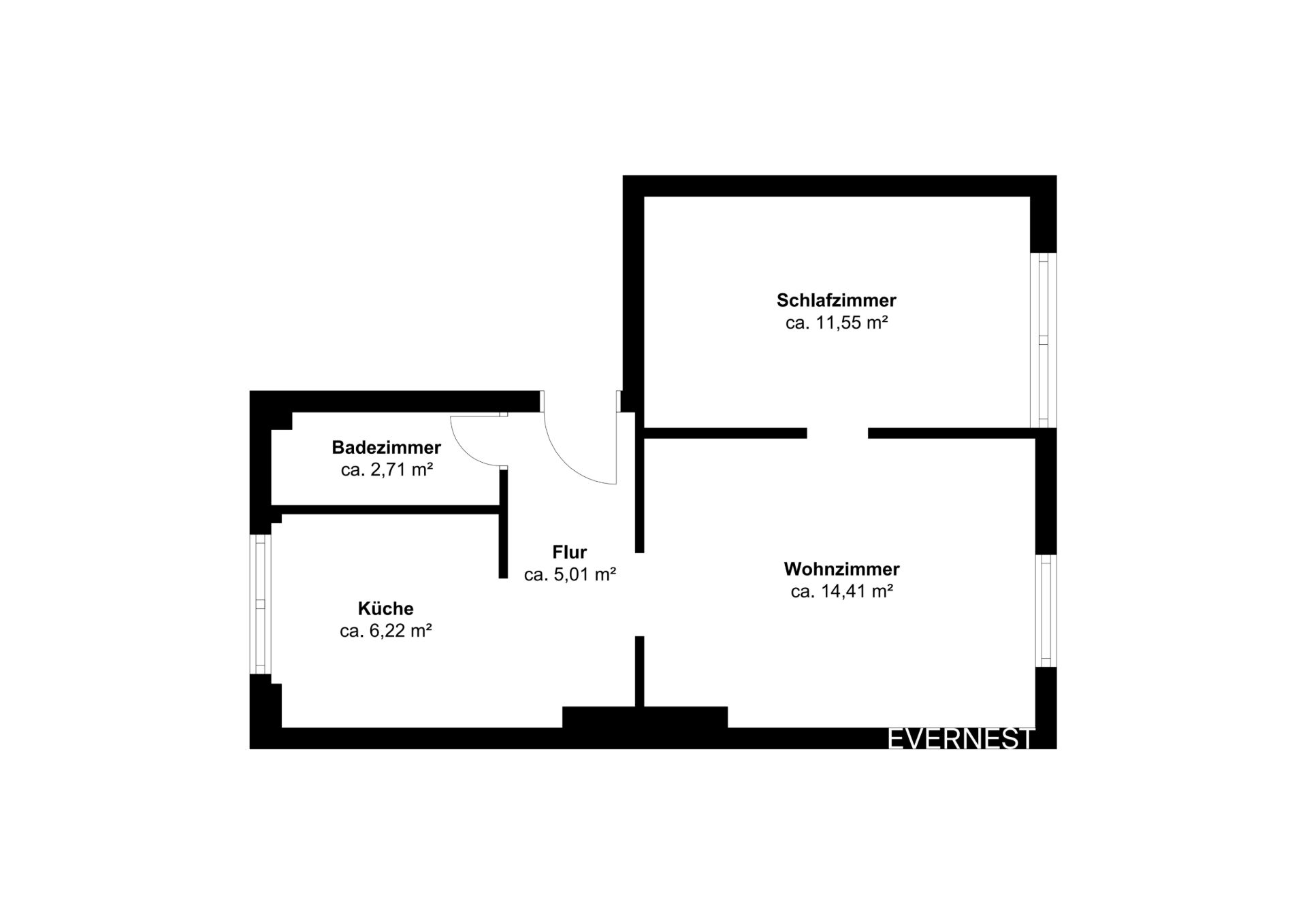 Grundriss einer Wohnung mit Schlafzimmer, Wohnzimmer, Küche, Bad und Flur.