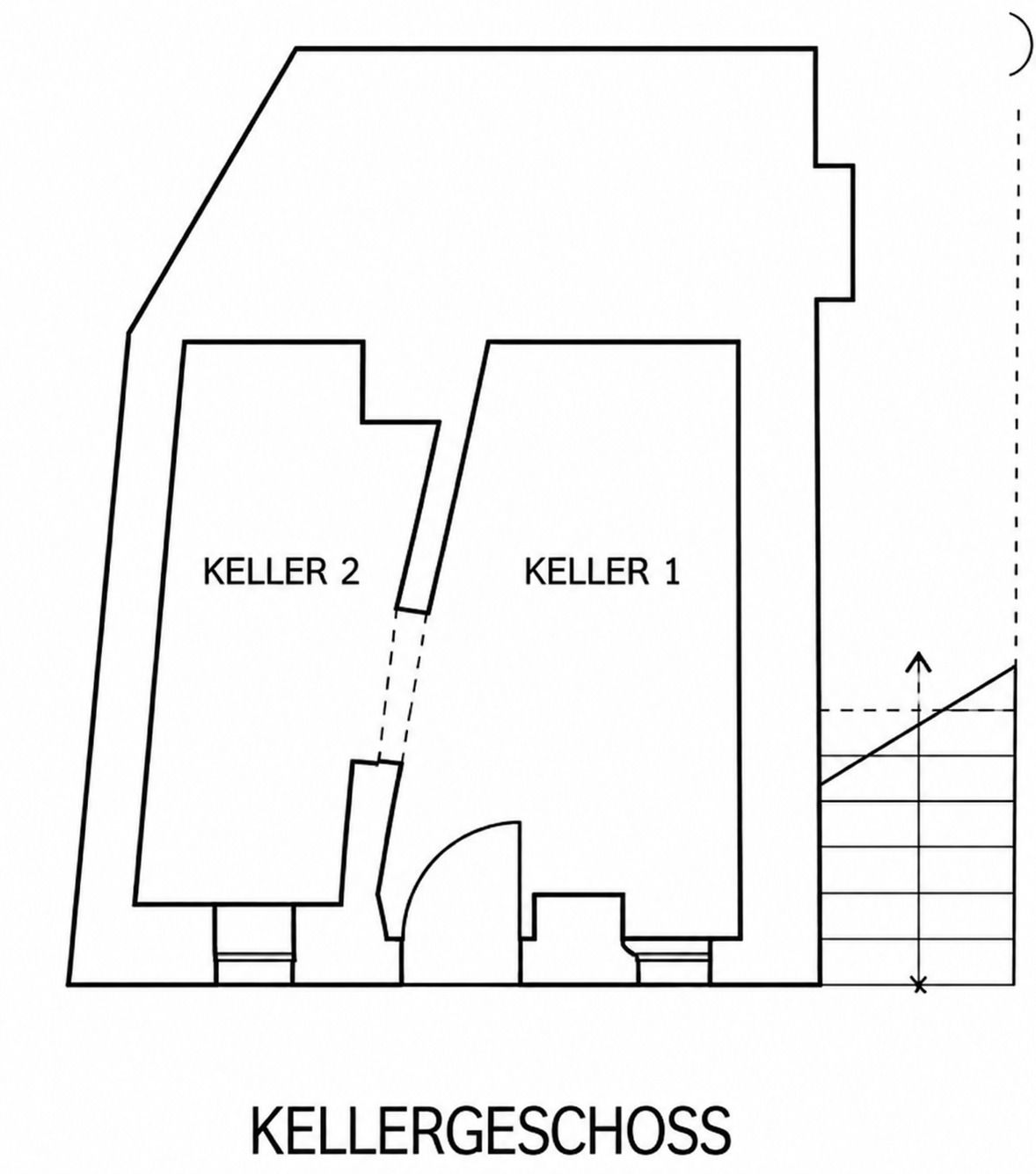 Grundriss des Kellergeschosses mit zwei Kellerräumen, Keller 1 und Keller 2.