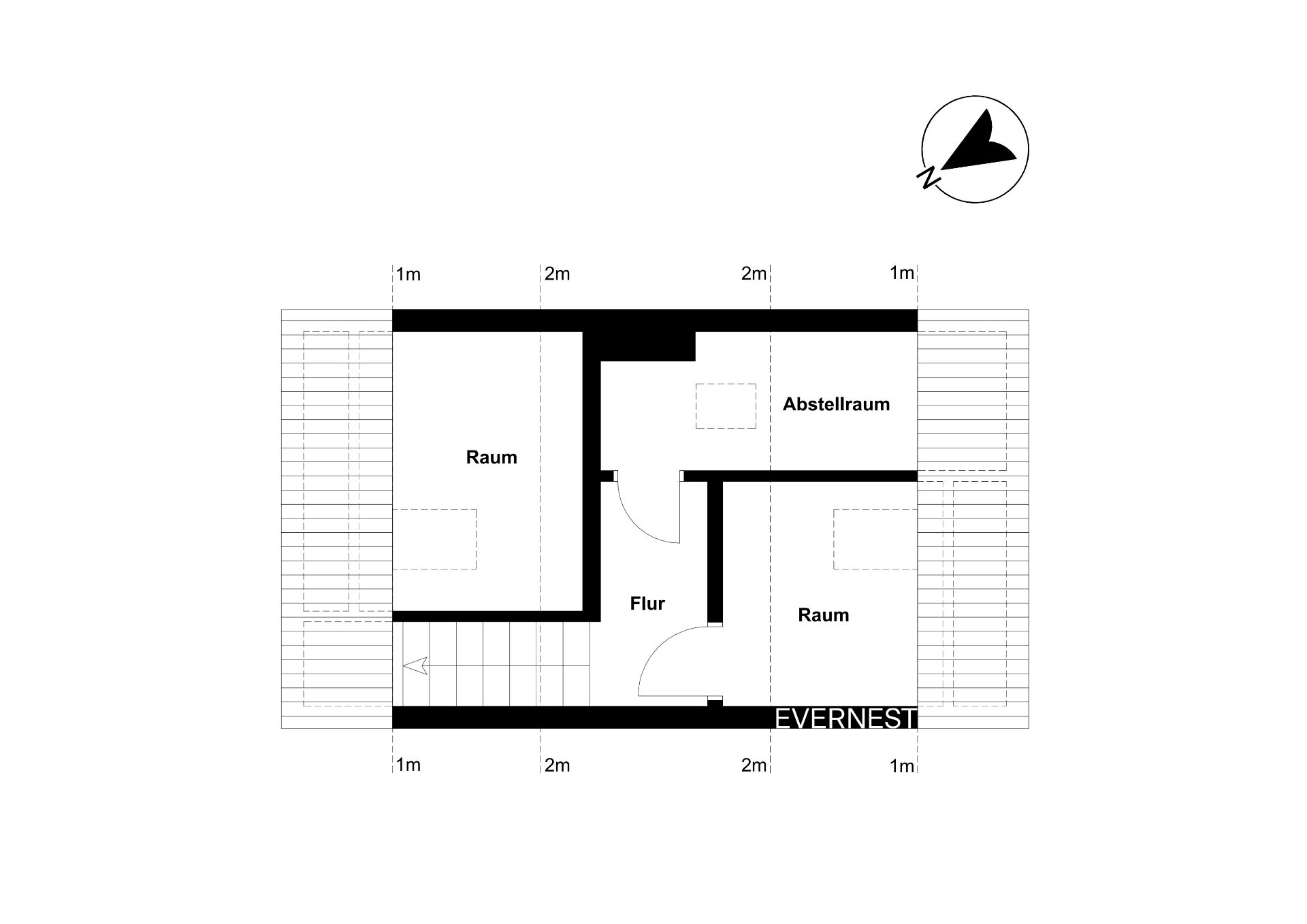 Grundriss mit zwei Räumen, Abstellraum und Flur, sowie Treppe und Maßangaben.