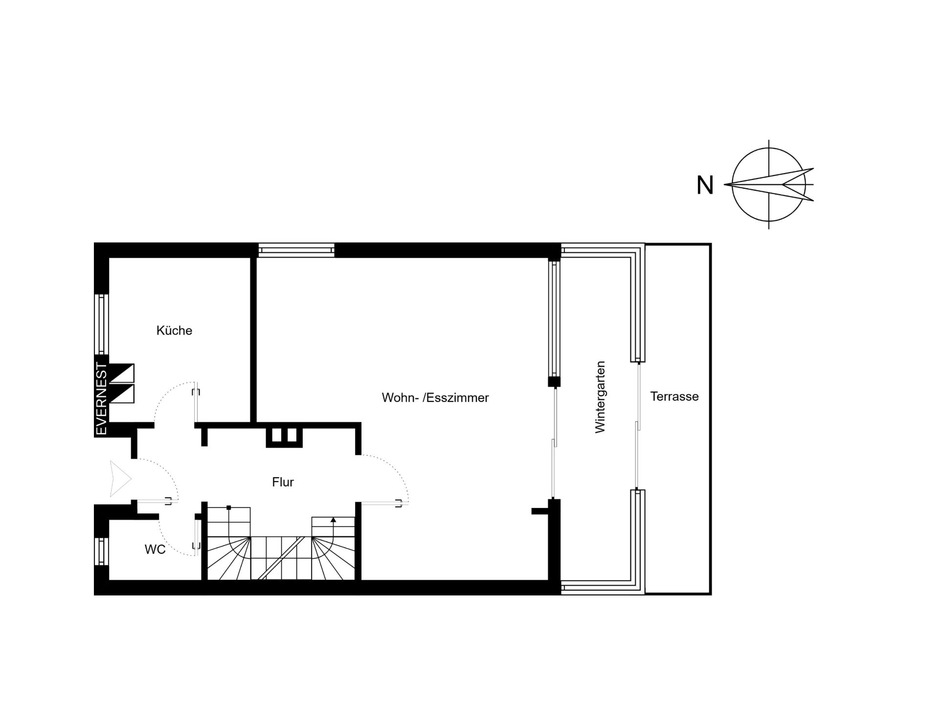 Grundriss mit Küche, Wohn- und Esszimmer, Wintergarten, Terrasse, Flur und WC.