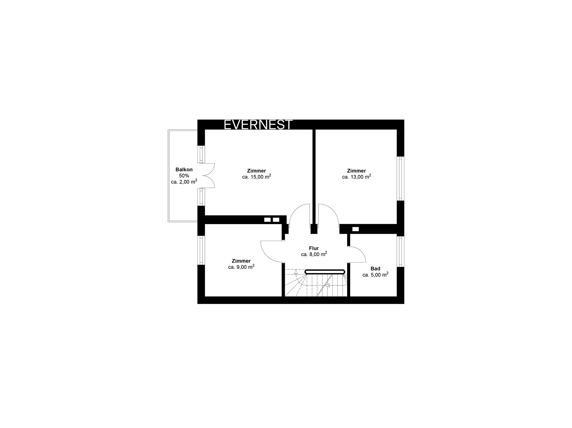 Grundriss mit drei Zimmern, Flur, Bad und Balkon. Flächenangaben sind enthalten.