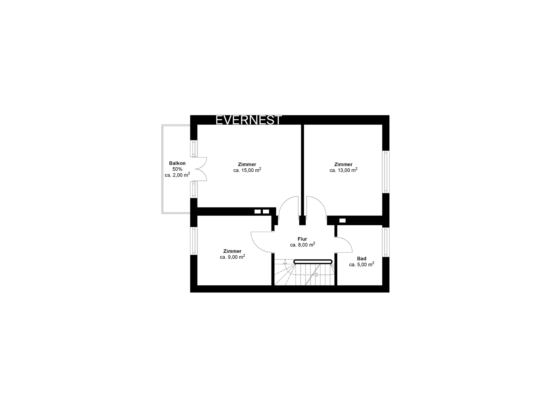 Grundriss mit drei Zimmern, Flur, Bad und Balkon. Flächenangaben sind enthalten.